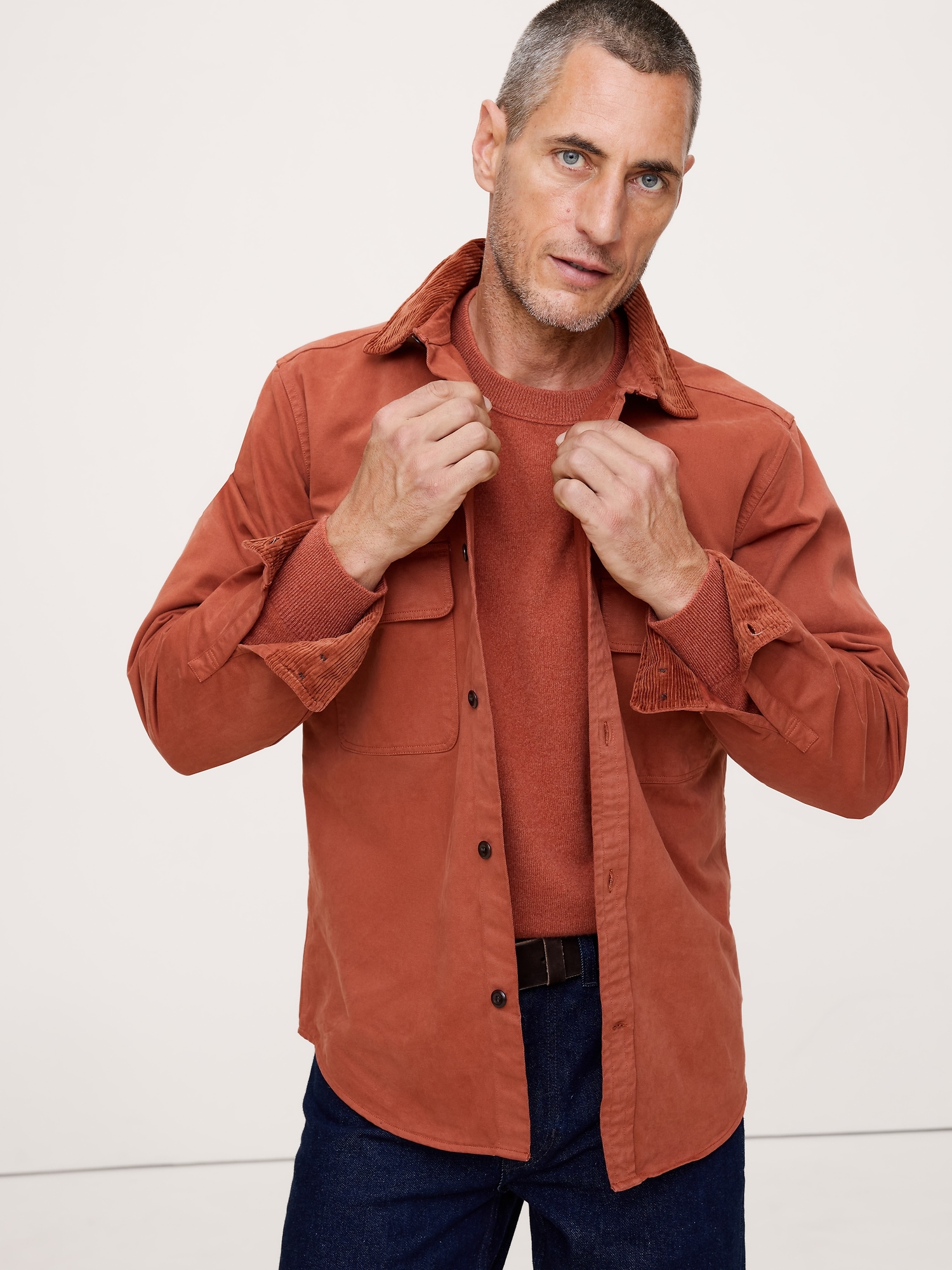 Standard-Fit Cotton Twill Shirt Jacket - Evening Fire Orange With Corduroy Collar