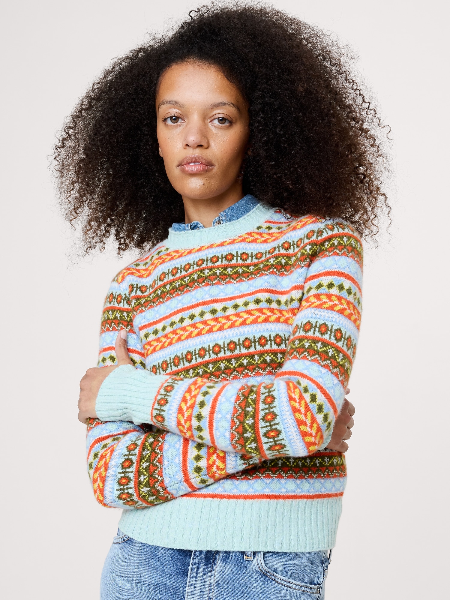 The Fireside Sweater in Merino-Cotton - Aqua Blue Fair Isle
