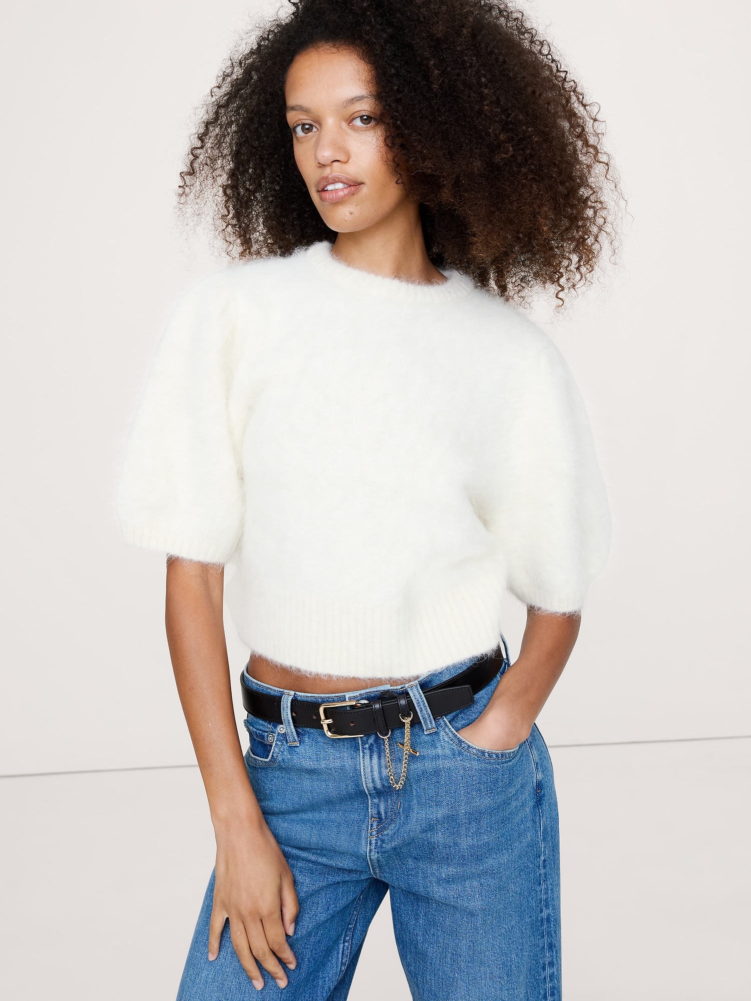 Fuzzy Alpaca-Blend Puff-Sleeve Sweater - White