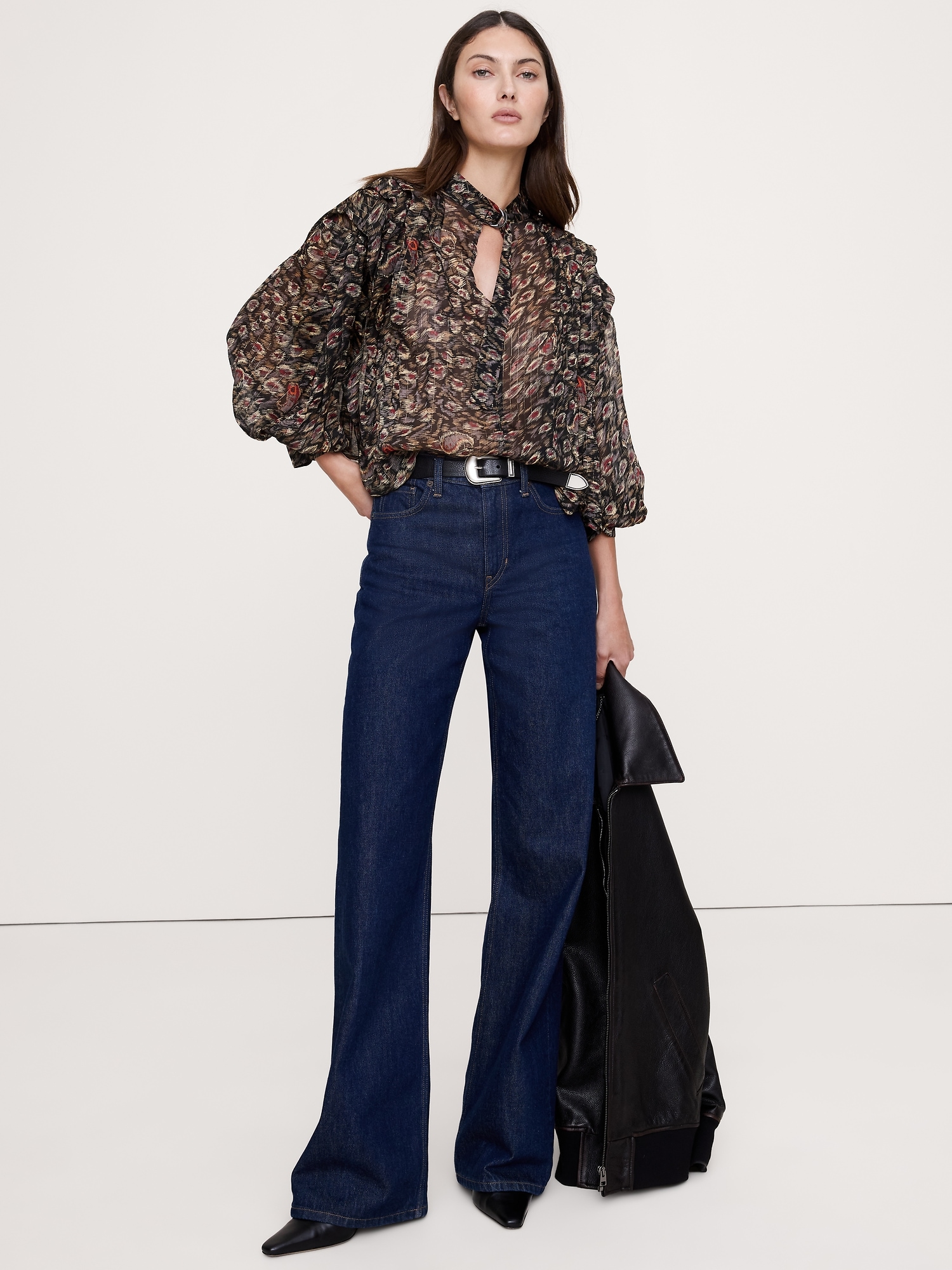 Sheer Pleat-Shoulder Top - Paisley With Lurex Stripe