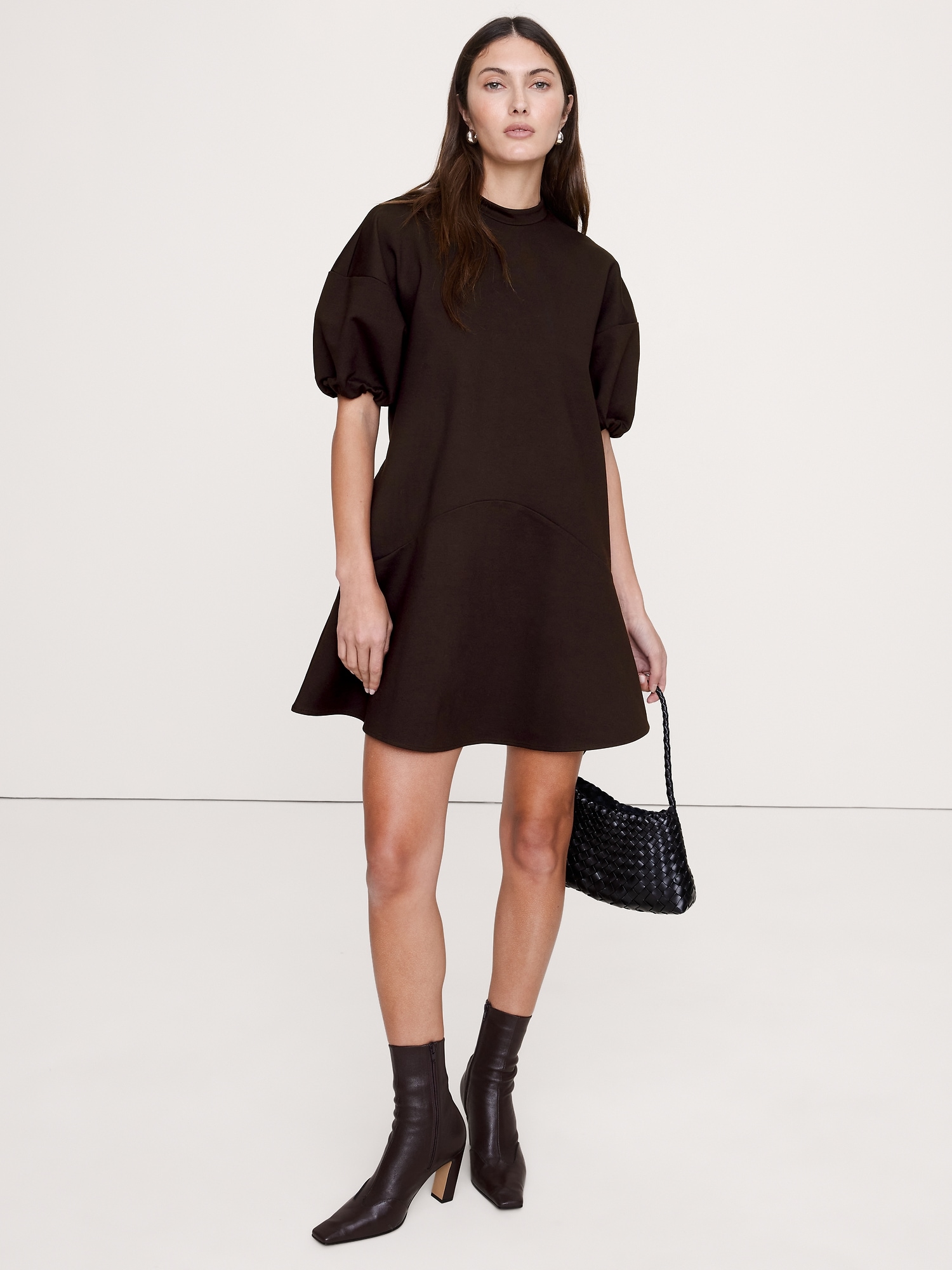 Everywhere Ponte Puff-Sleeve Mini Dress - Ganache Brown