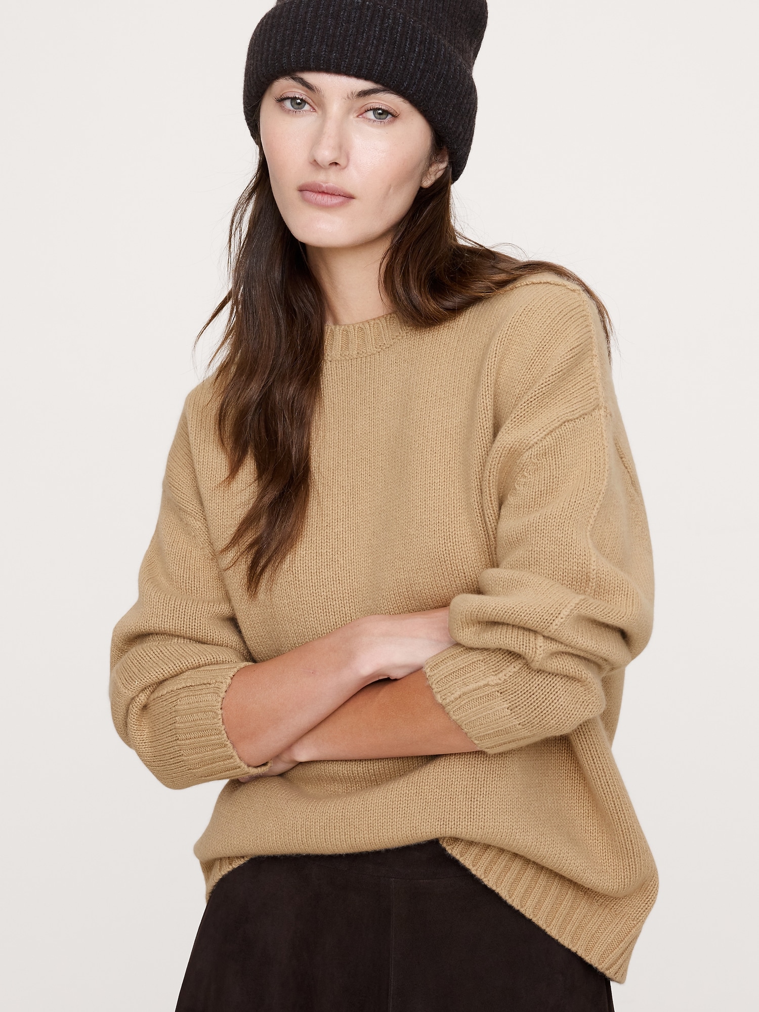 Oversized Merino-Cotton Crew-Neck Sweater - Camel