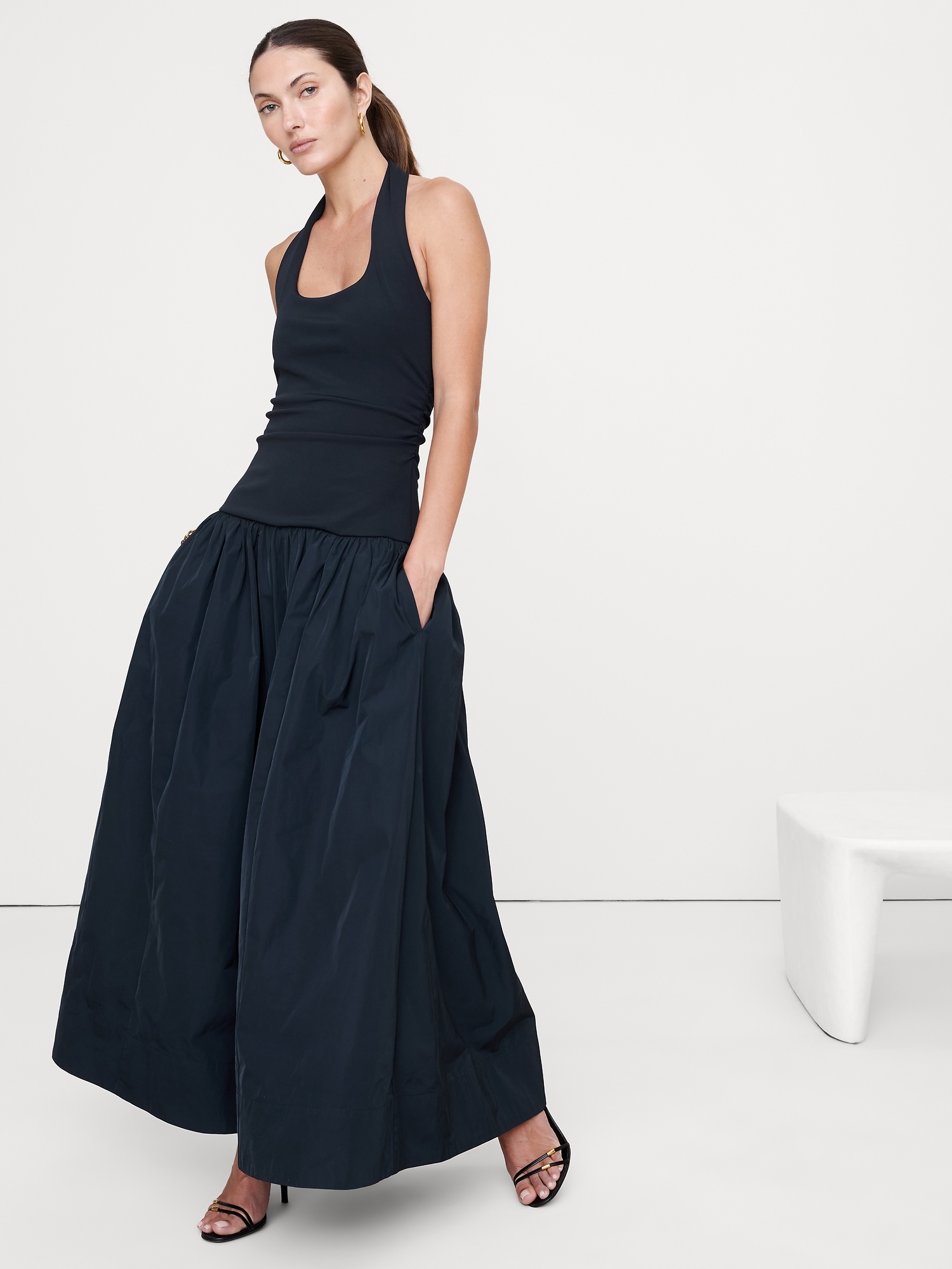 Jersey & Taffeta Halter Maxi Dress - Navy Blue