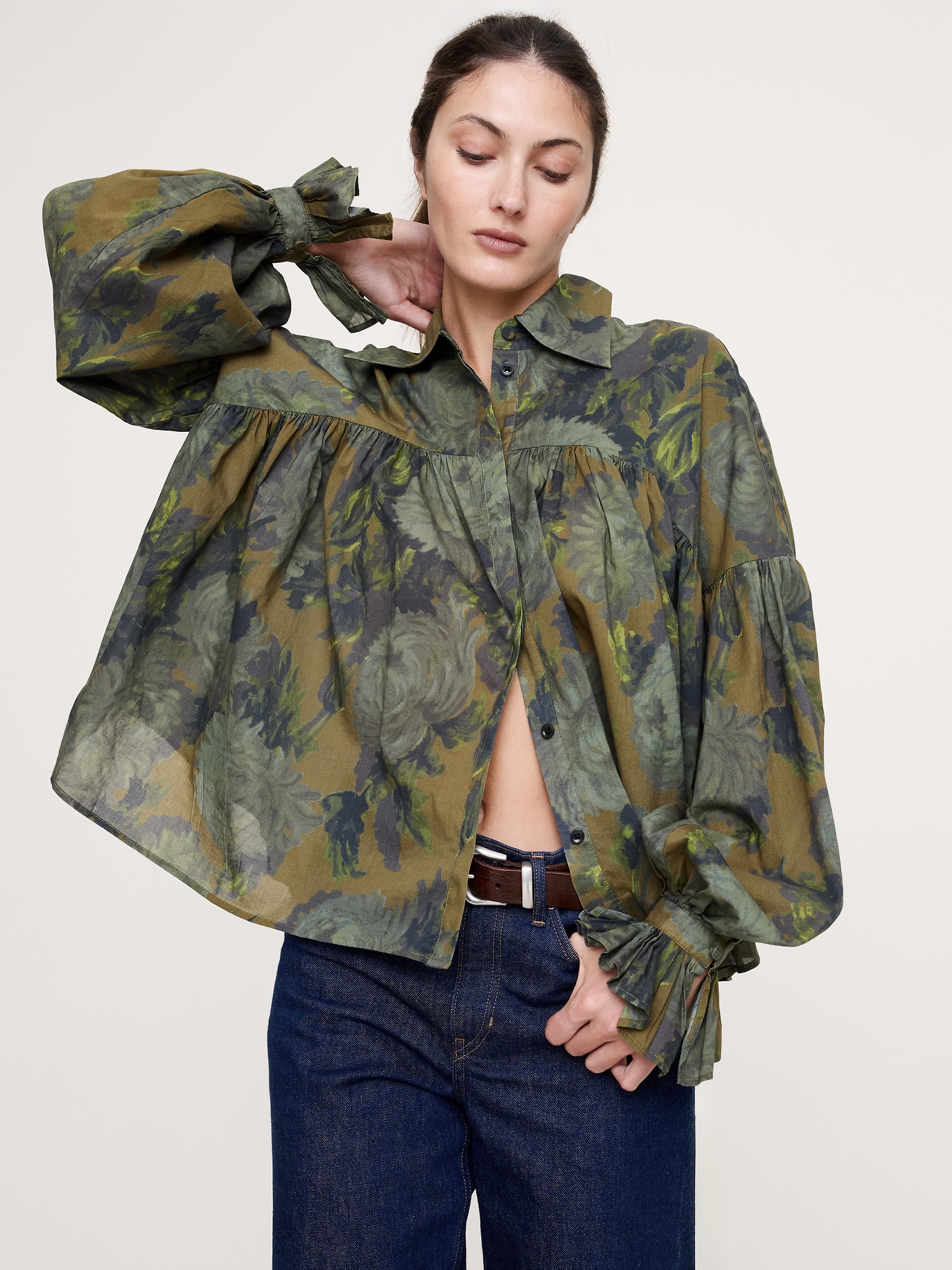 Cotton Balloon-Sleeve Shirt - Green Mums