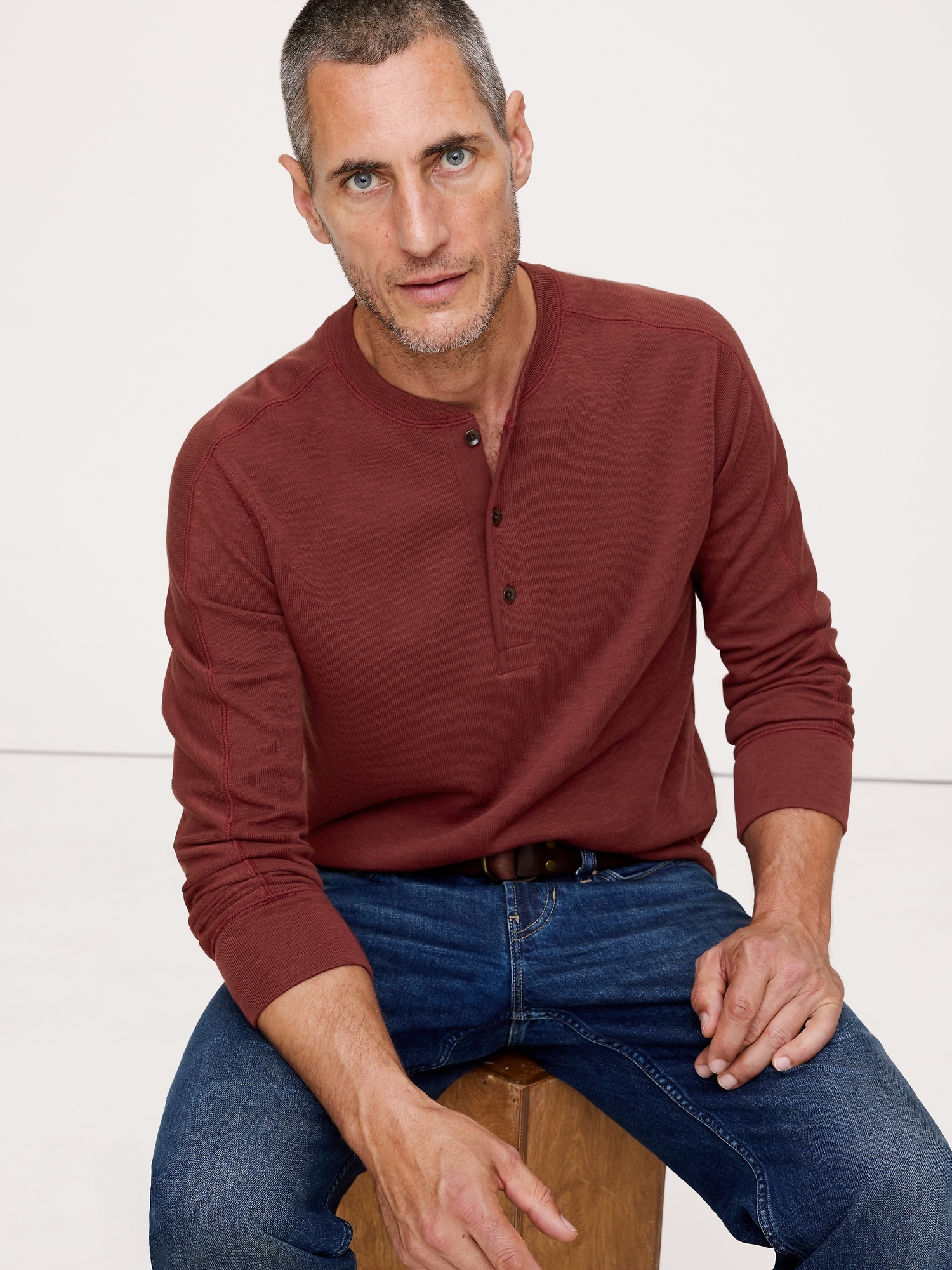 Slub Double-Knit Henley T-Shirt - Redwood Canopy Burgundy
