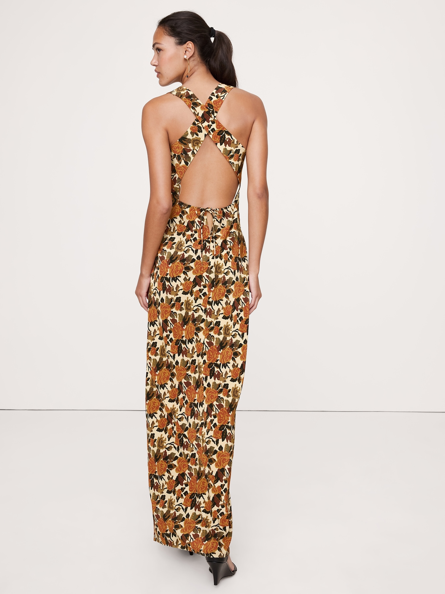 Matte Silk Cowl-Neck Backless Maxi Dress - Yellow Roses