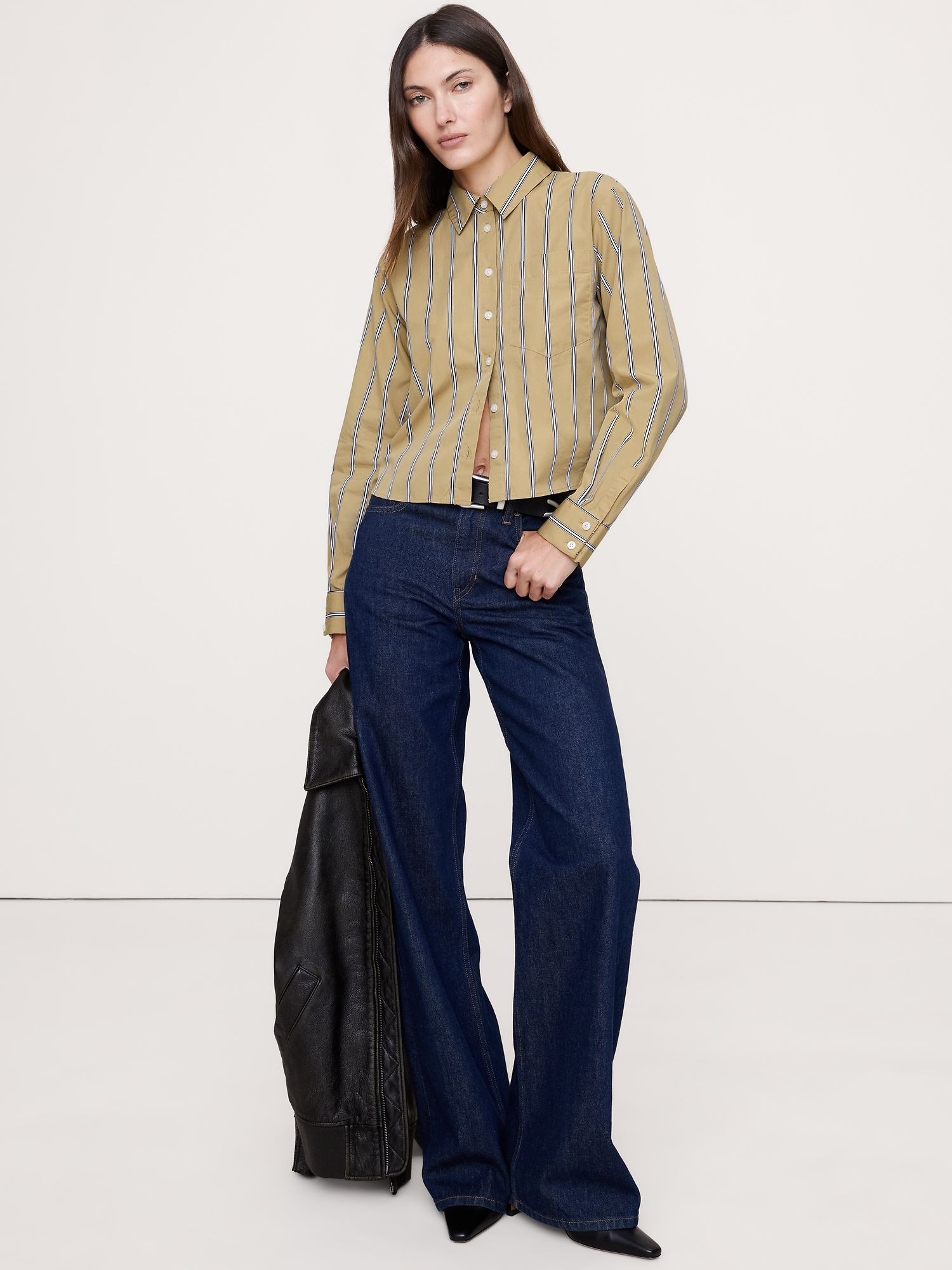 Cotton Poplin Ruffle-Back Shirt - Beige Large Stripe