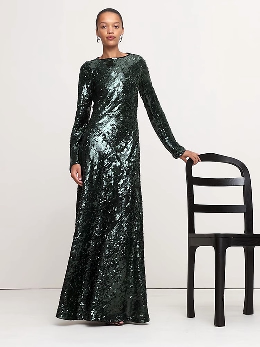 open lace back dress Zapaka Women Dark Green Prom Dress Sheath Sparkly Sequin Pleated Long Evening Dress with Thigh Split, Dark Green / US12 main image 0