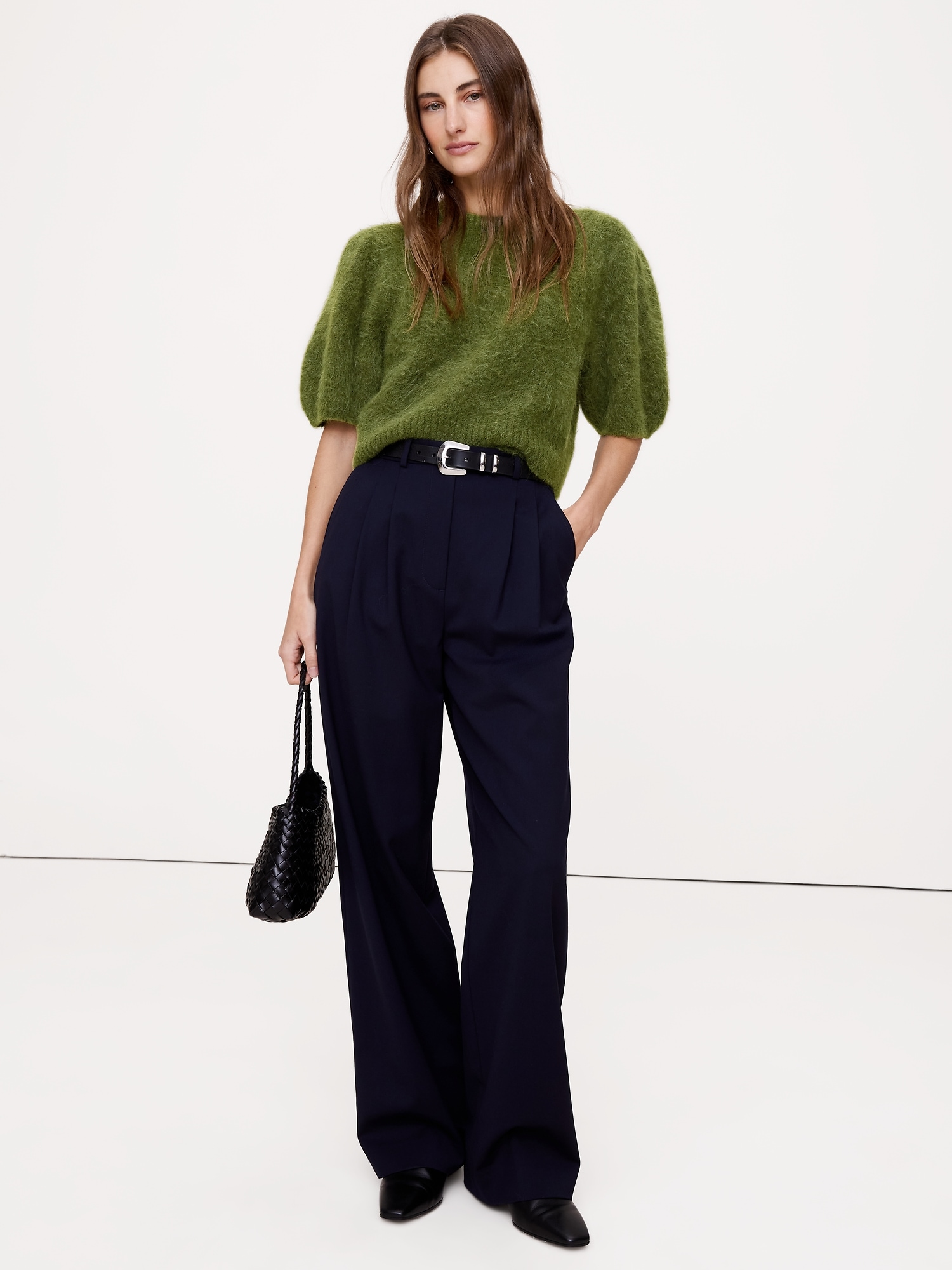 Fuzzy Alpaca-Blend Puff-Sleeve Sweater - Mangrove Green