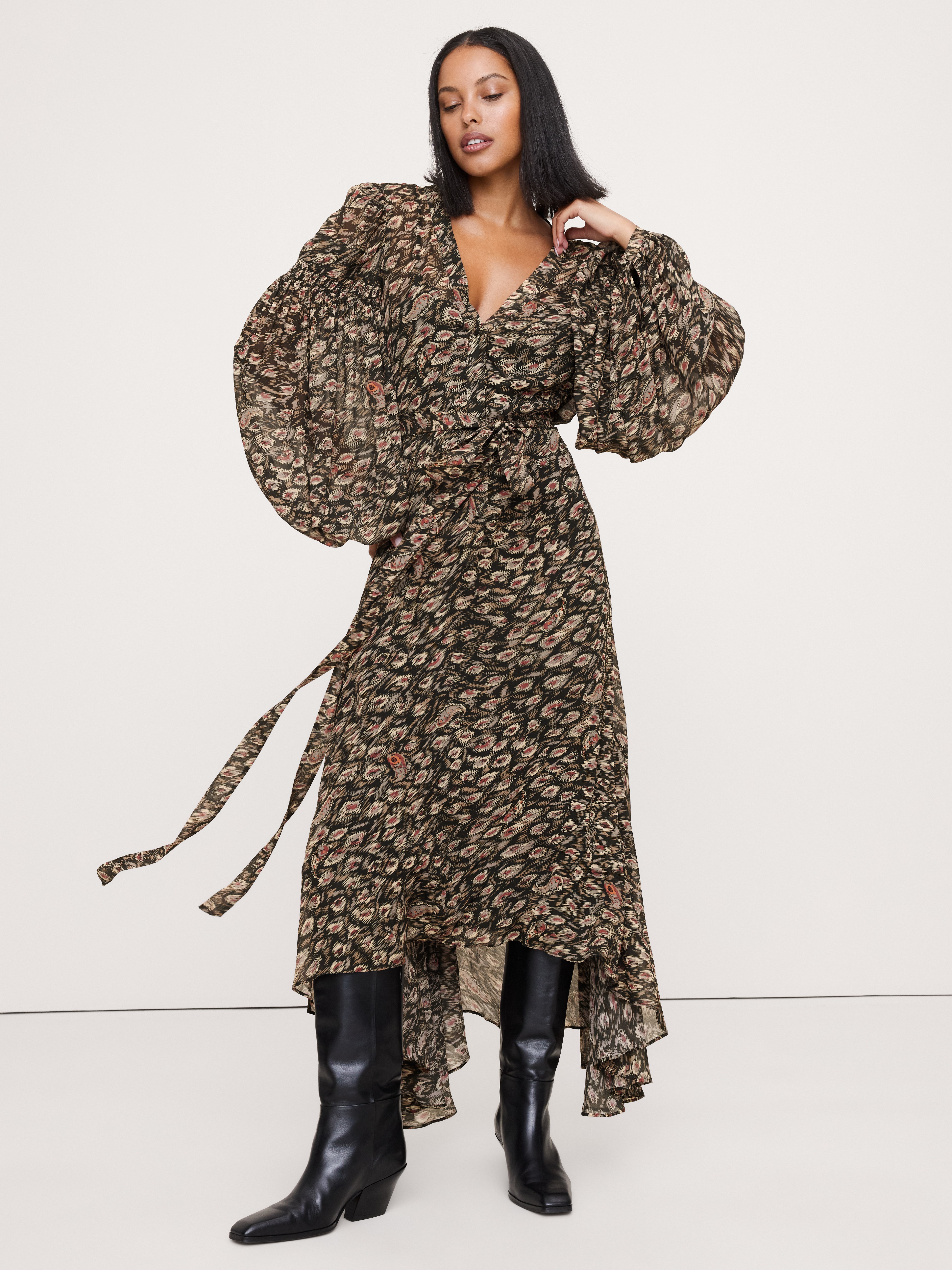 Georgette Puff-Sleeve Maxi Dress