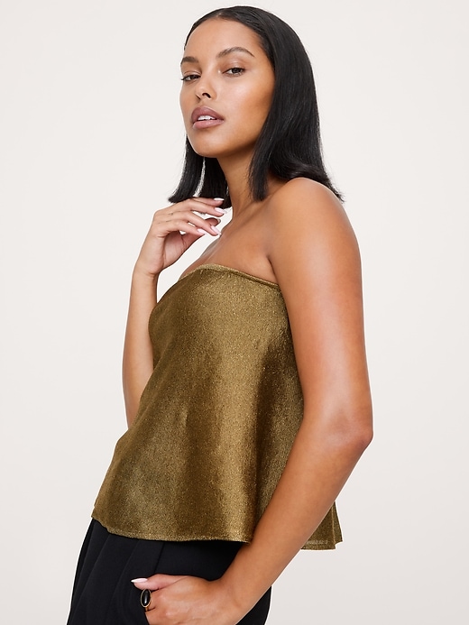 Metallic Strapless Top with Split Back