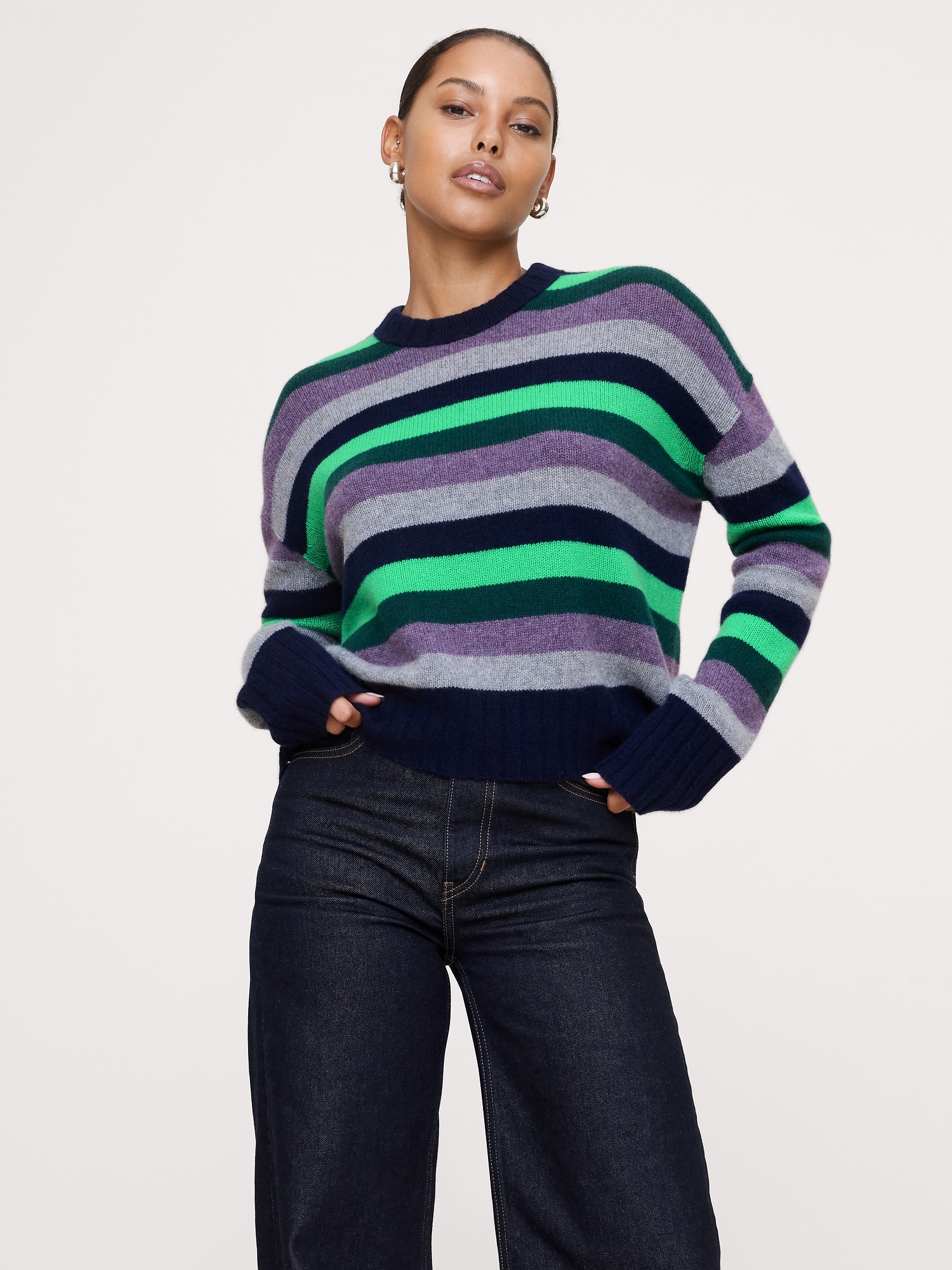 Midweight Cashmere Crew-Neck Sweater - Green Stripe