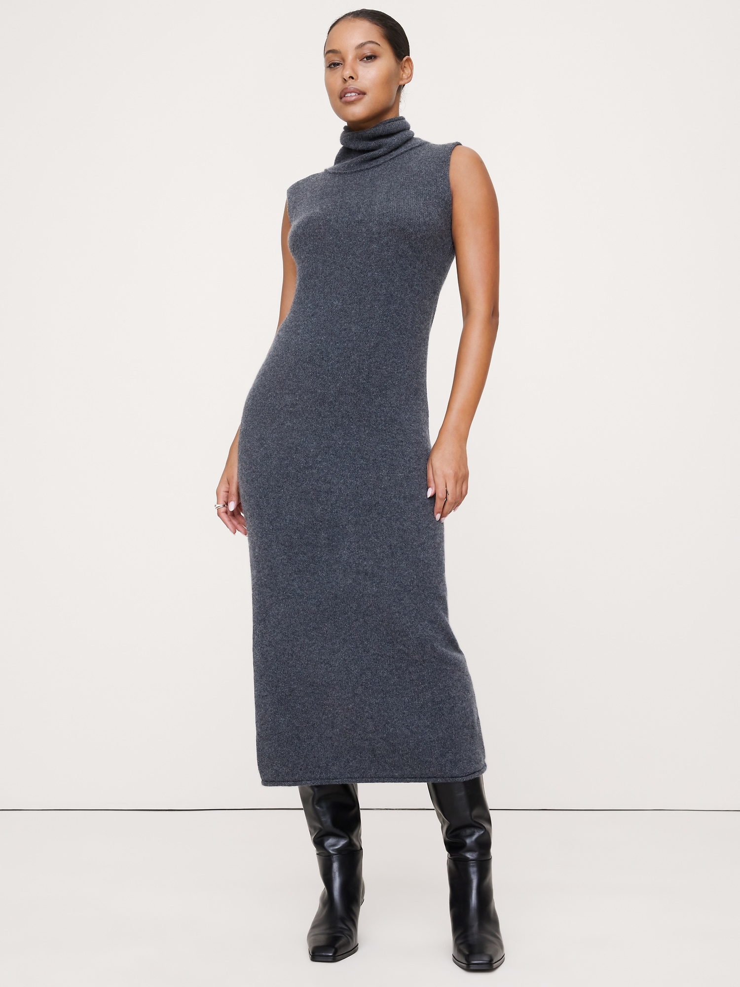 Lightweight Cashmere Turtleneck Midi Dress