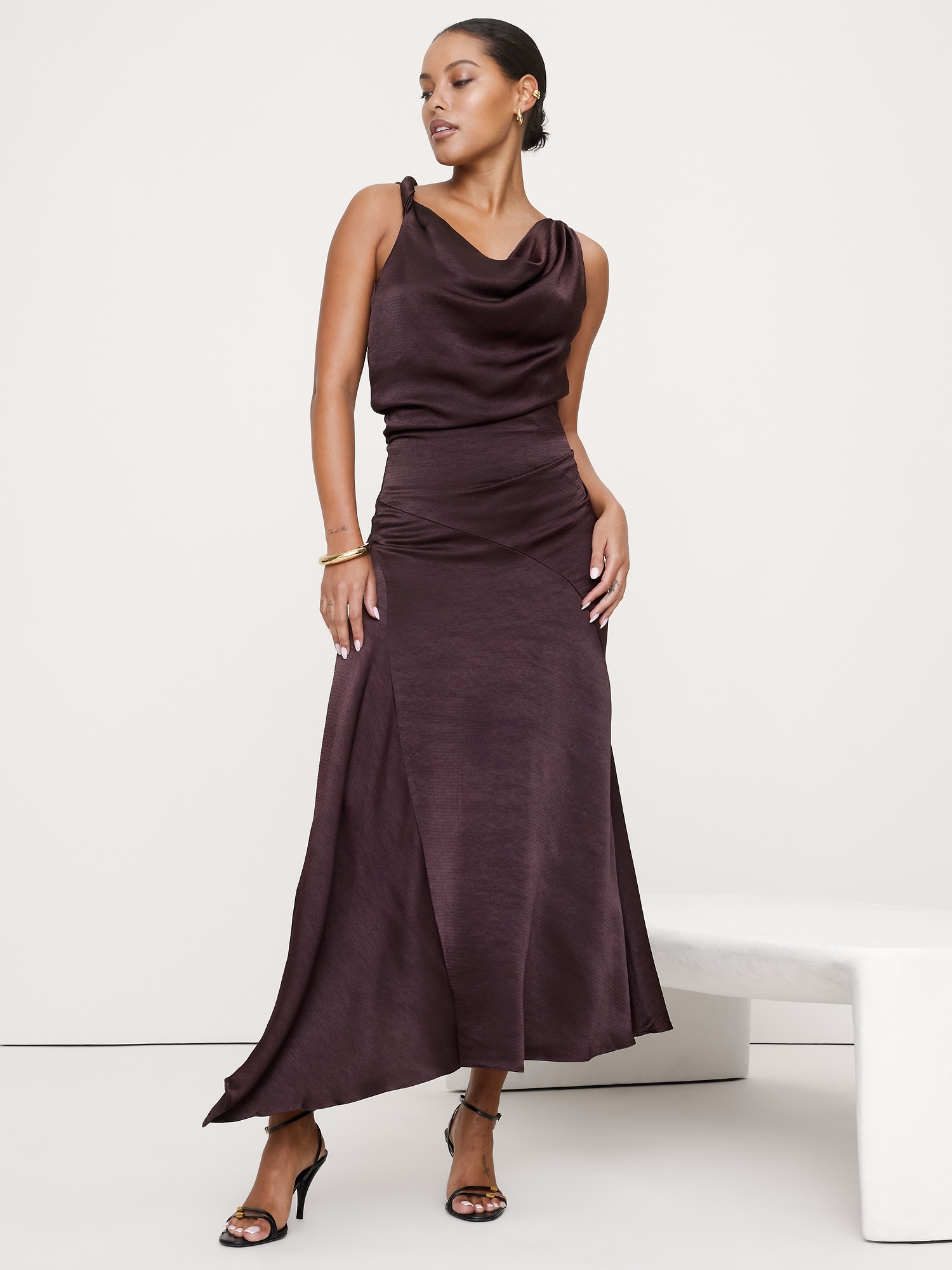 Hammered Satin Twist-Shoulder Dress - Ruby Plum Purple