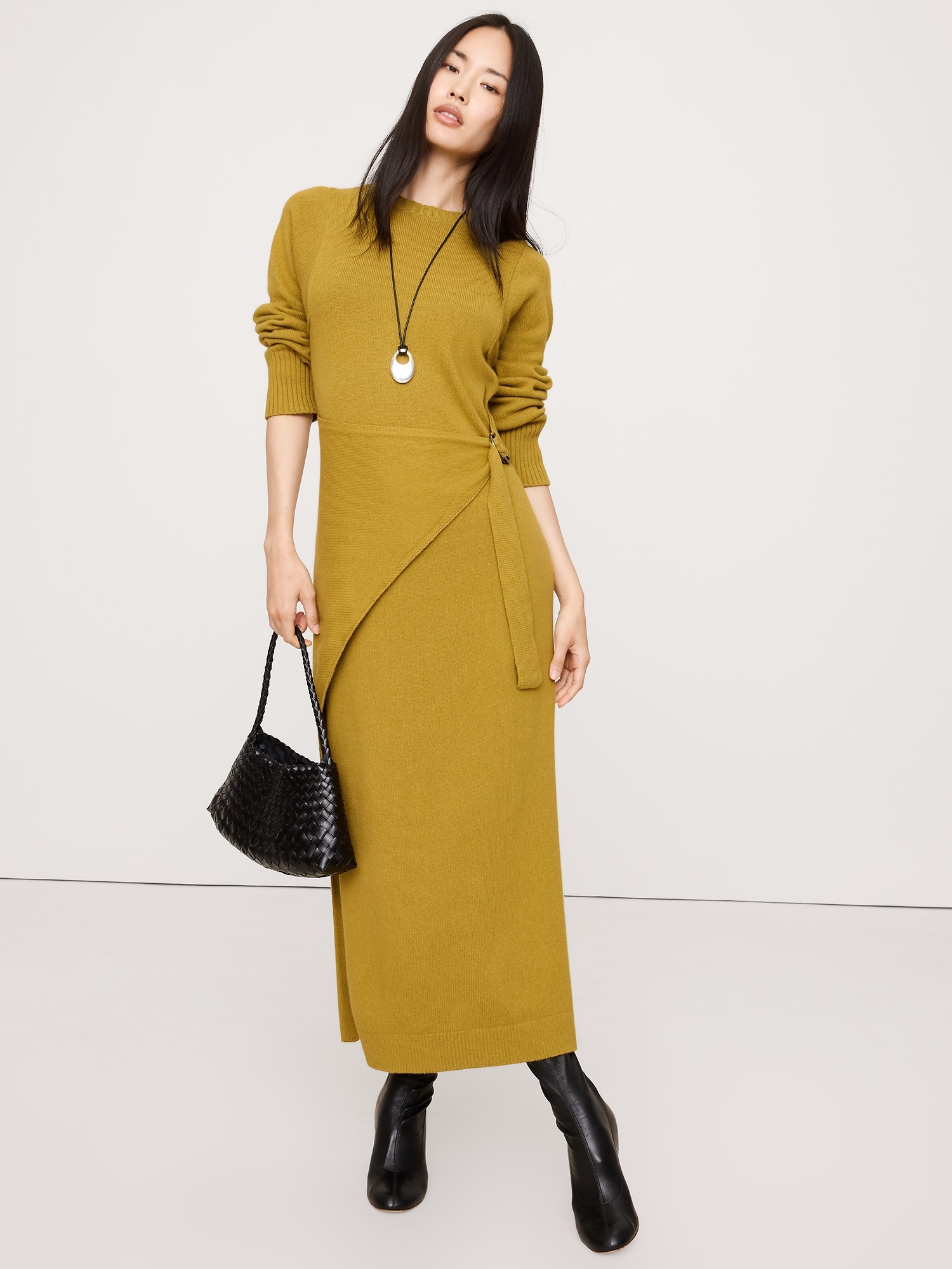 Merino-Cotton Wrap Sweater Dress - Gilded Green