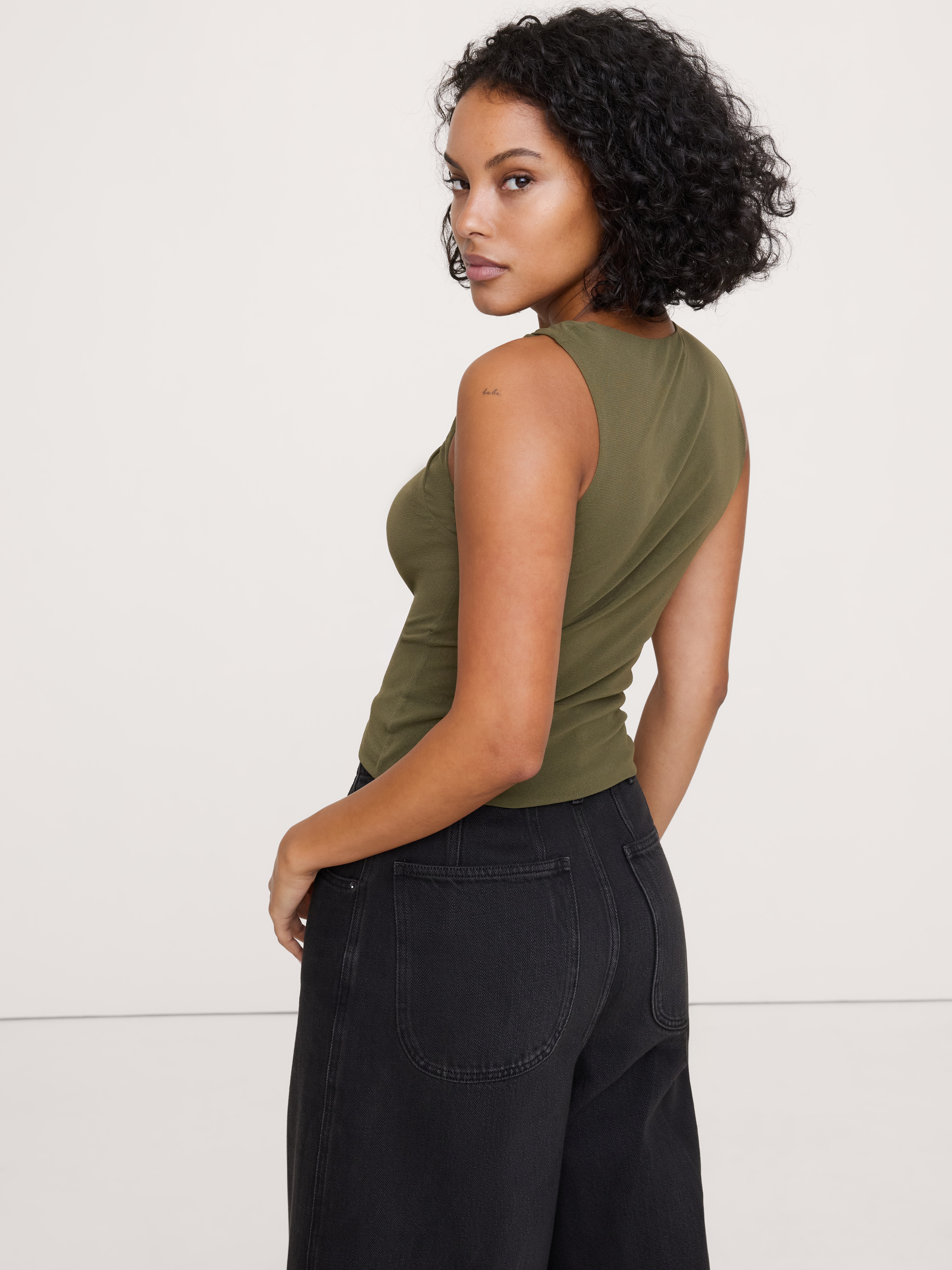 Mesh Twisted-Shoulder Top | Banana Republic