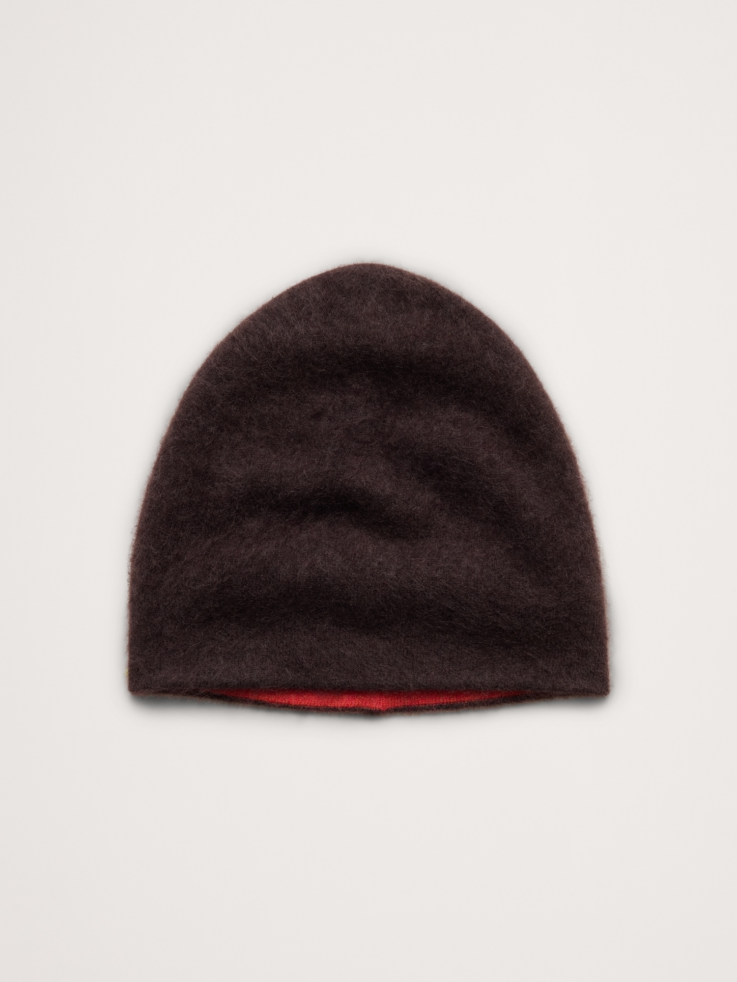 Reversible Brushed Wool-Cashmere Beanie - Chocolate Brown & Red Holly