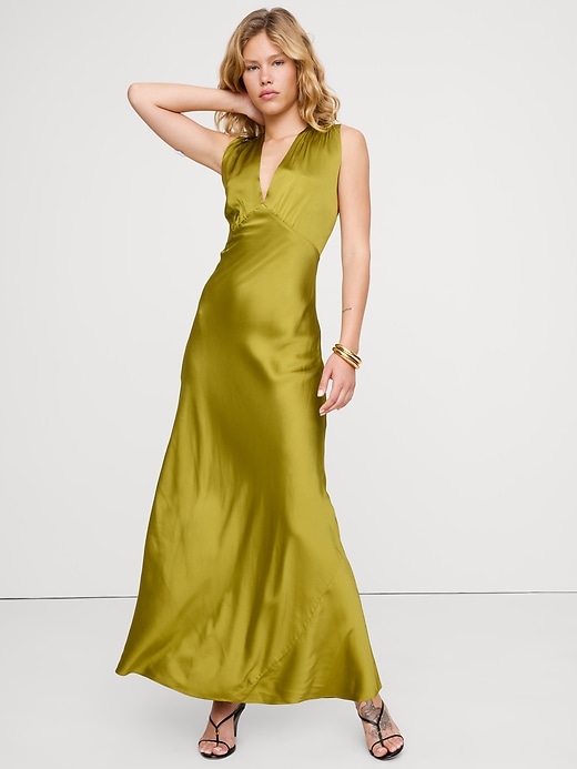 Stretch-Satin Cape Maxi Dress