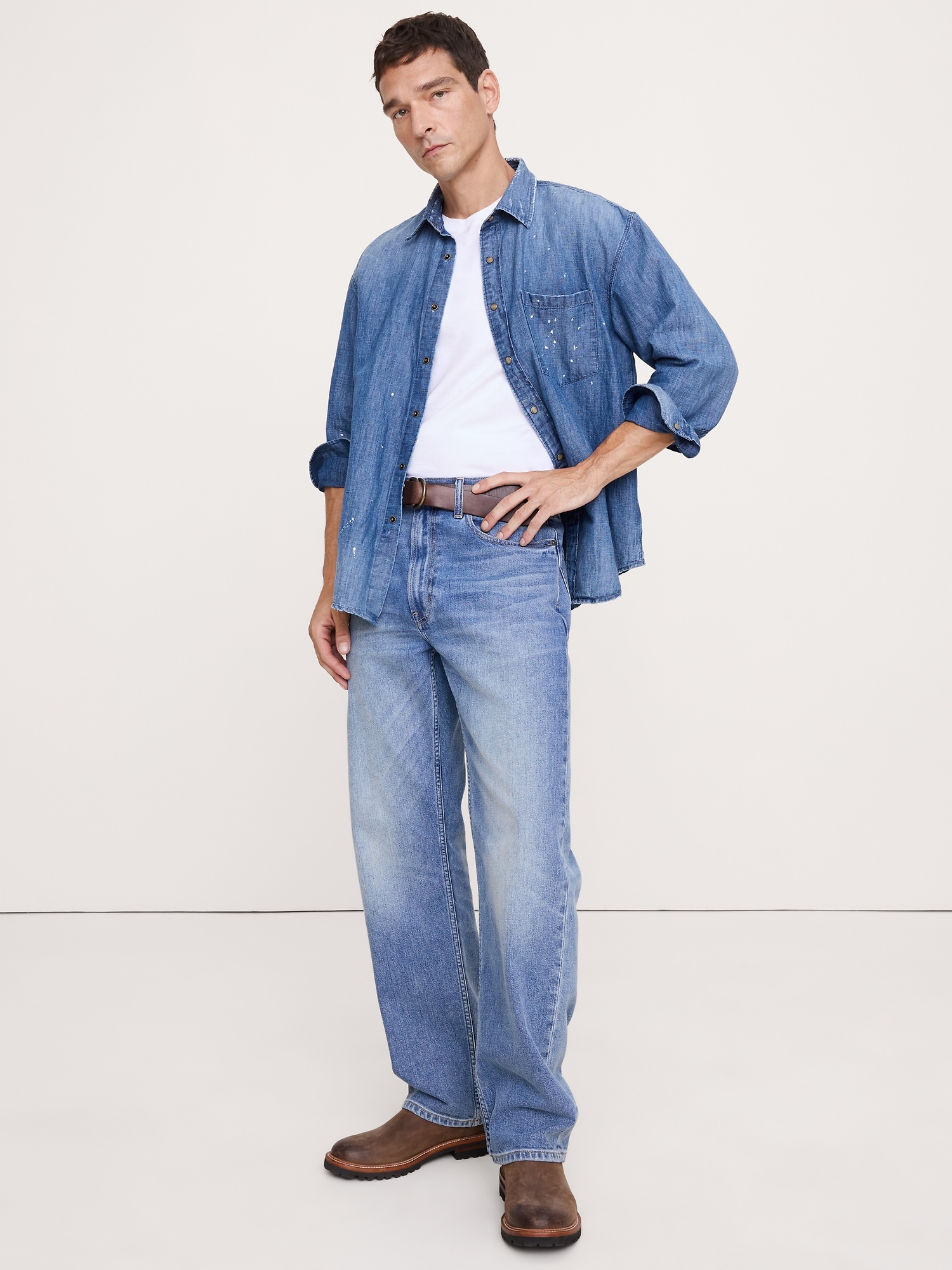 Relaxed-Fit Paint Splatter Cotton-Hemp Chambray Shirt - Medium Blue