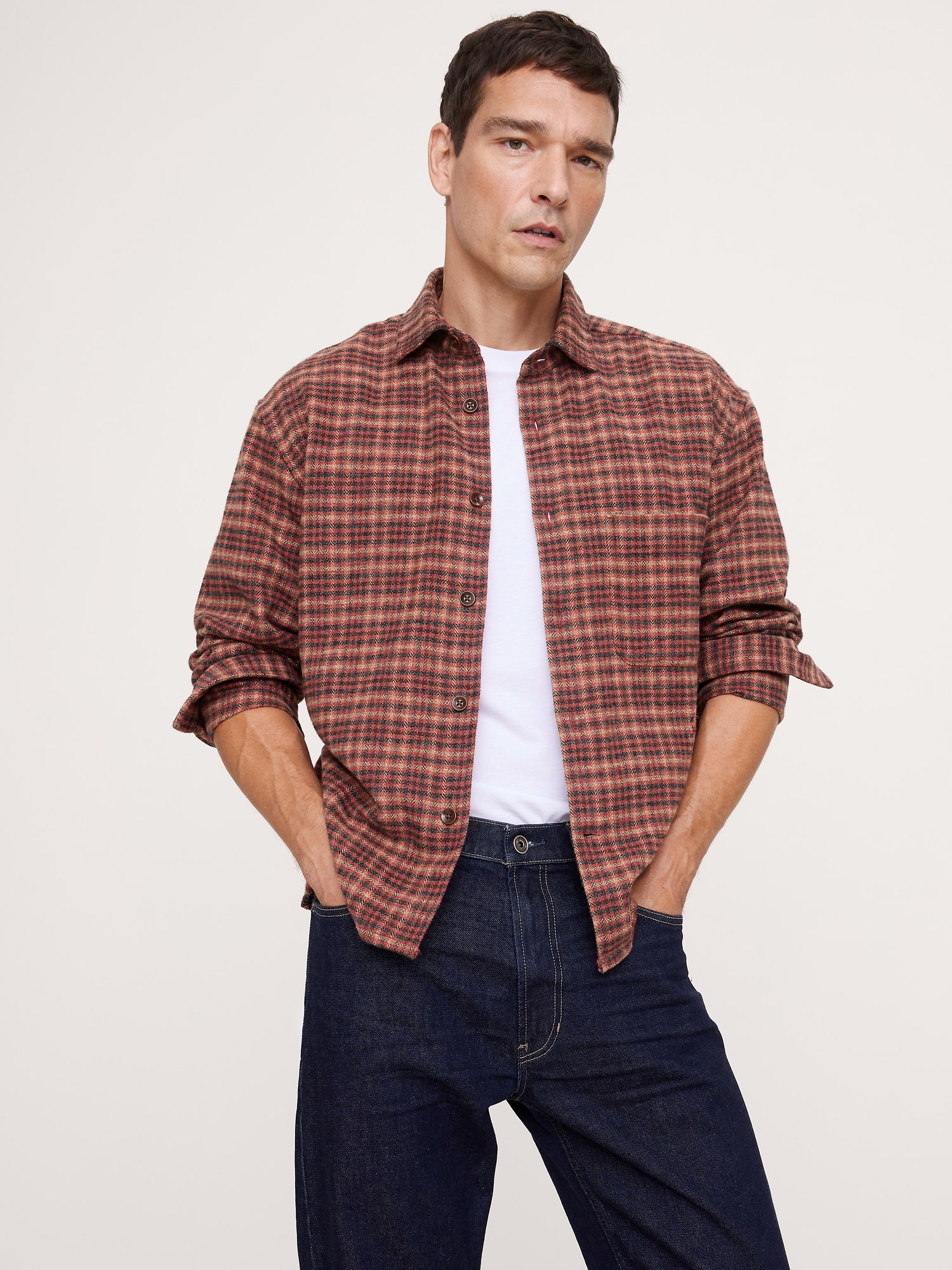Relaxed-Fit Flannel Overshirt - Red Plaid