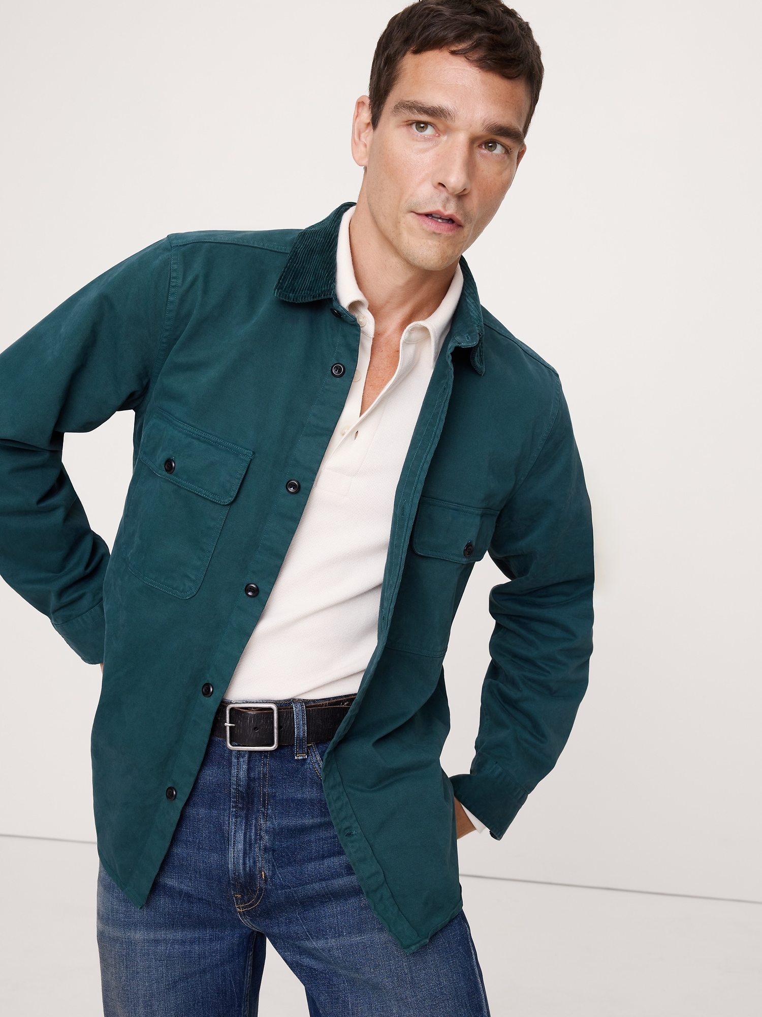 Standard-Fit Cotton Twill Shirt Jacket - Pine Green With Corduroy Collar