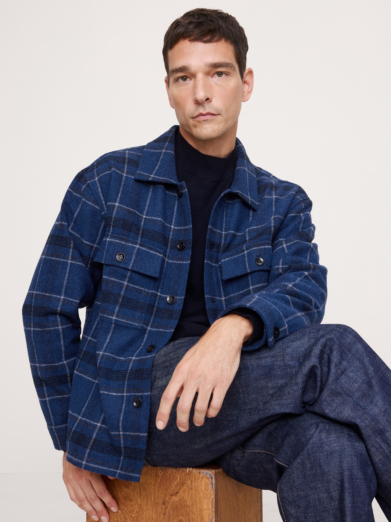 Relaxed-Fit Plaid Heavy Overshirt with Wool - Blue Plaid