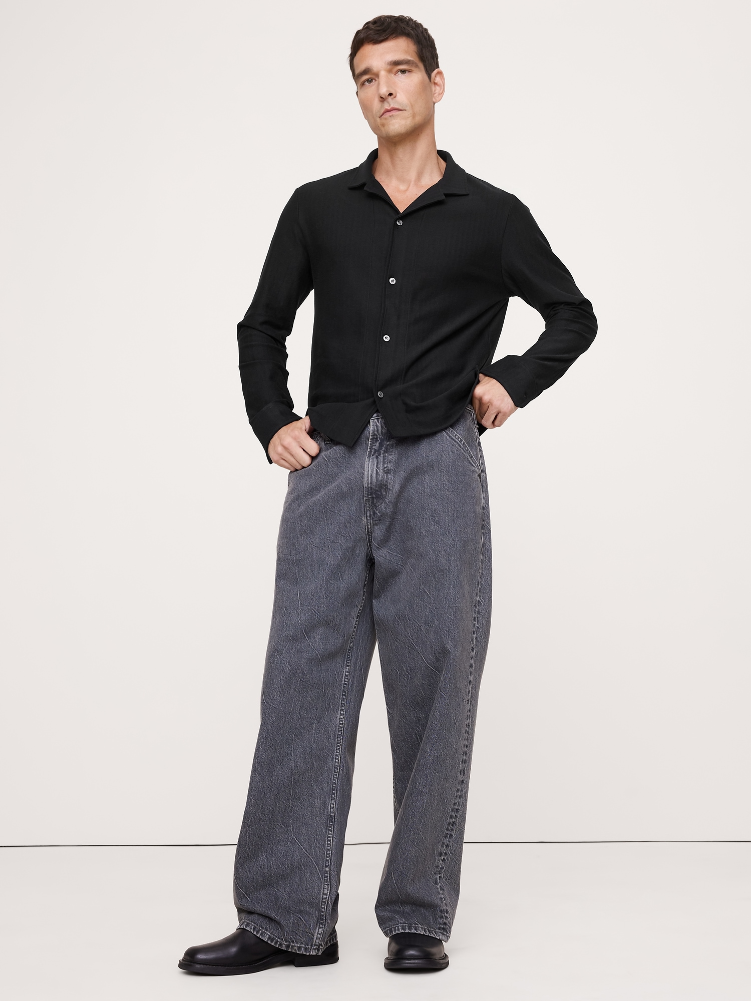 Herringbone Cotton Long-Sleeve Resort Shirt - Black
