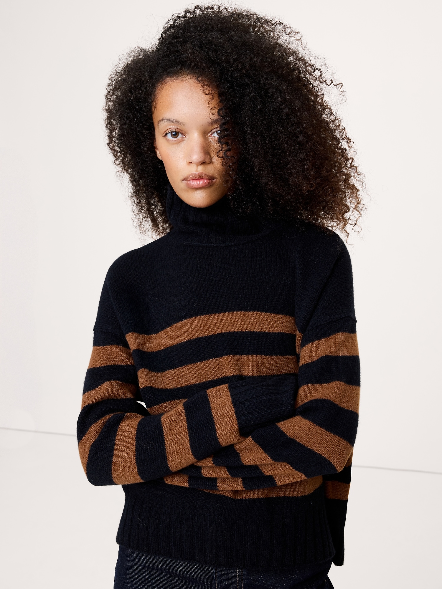 Cashmere Turtleneck Sweater - Brown & Black Stripe