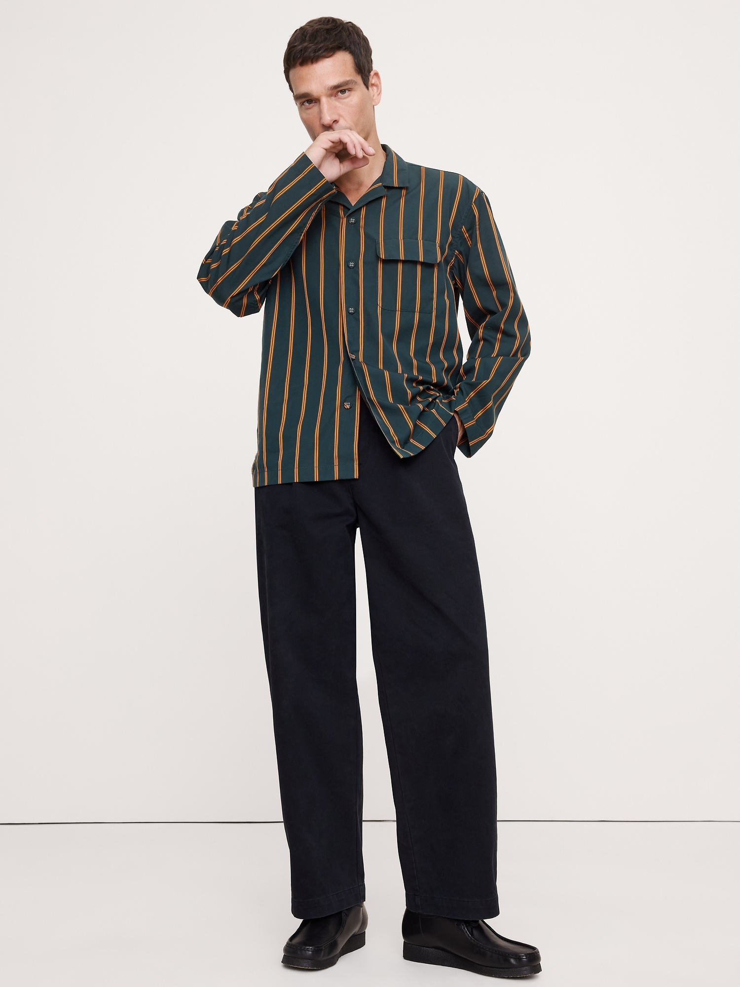 Relaxed-Fit Cotton Poplin Resort Shirt - Green Stripe