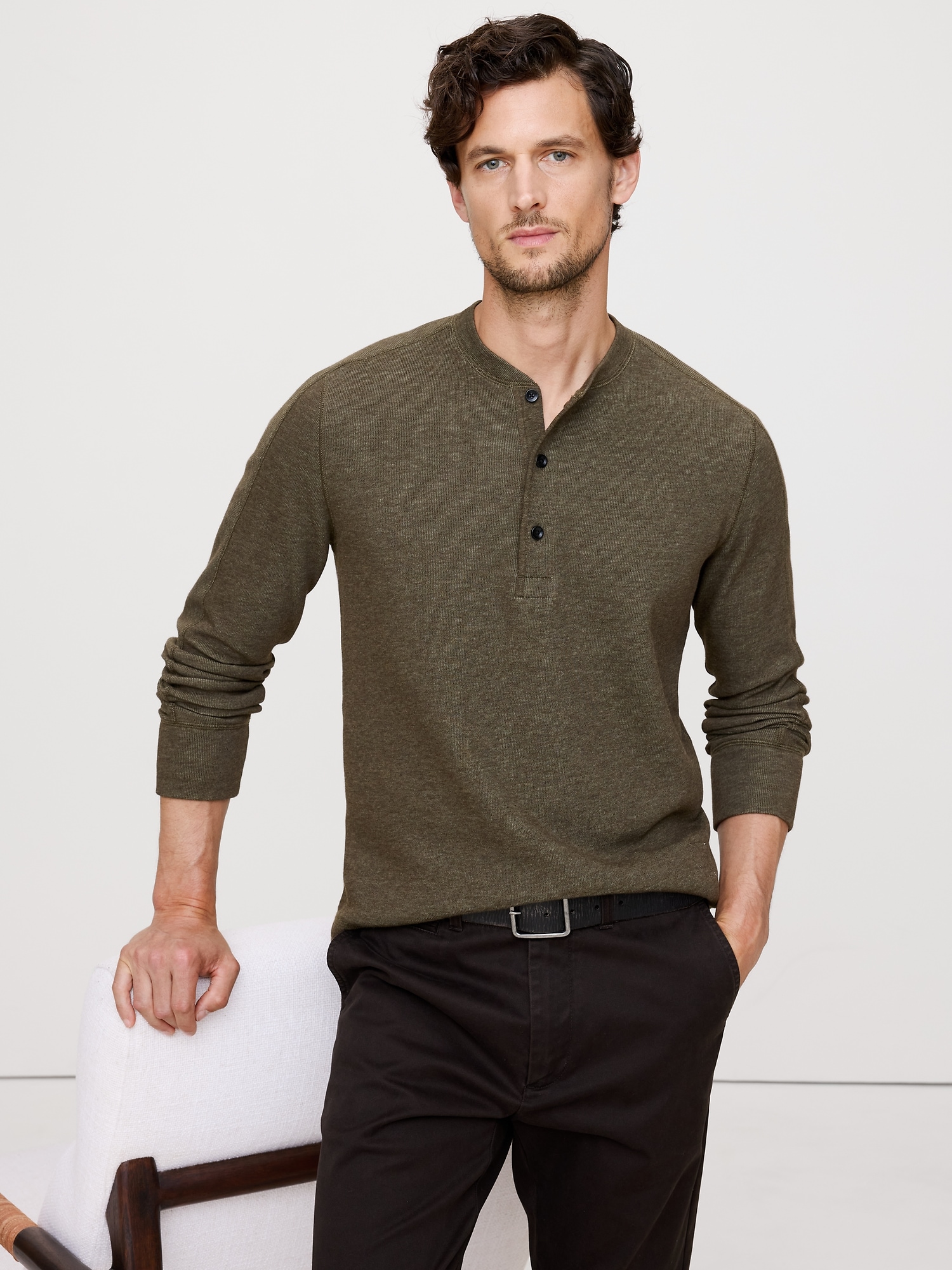 Slub Double-Knit Henley T-Shirt - Olive Green