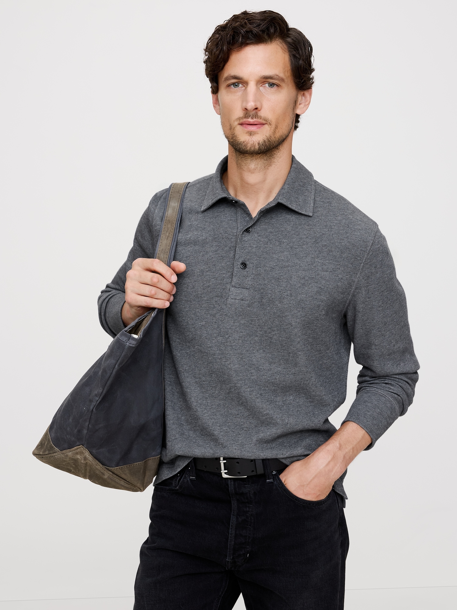 Slub Double-Knit Polo - Dark Charcoal Gray