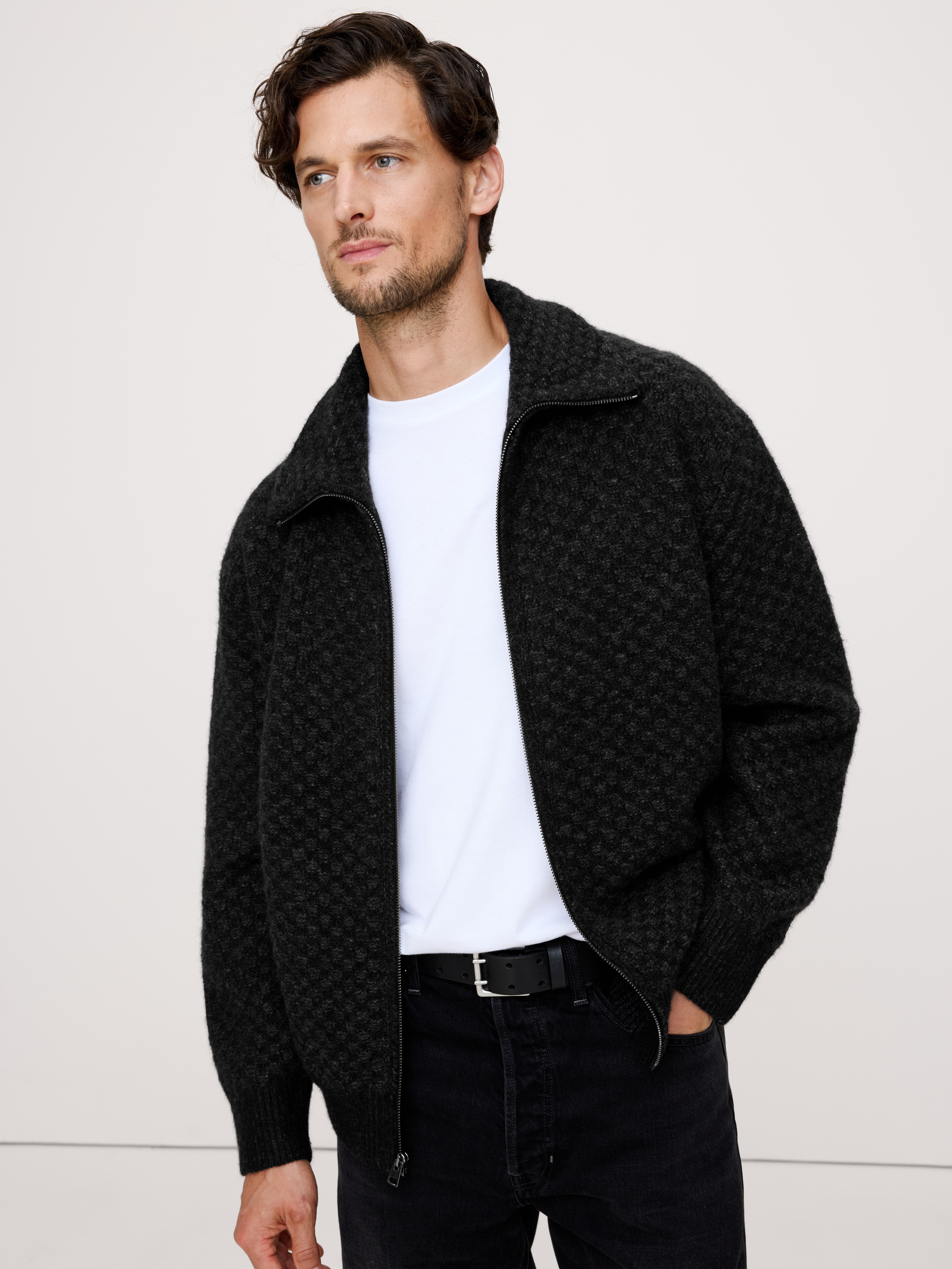 Checkered Alpaca-Wool Blend Sweater Jacket | Banana Republic