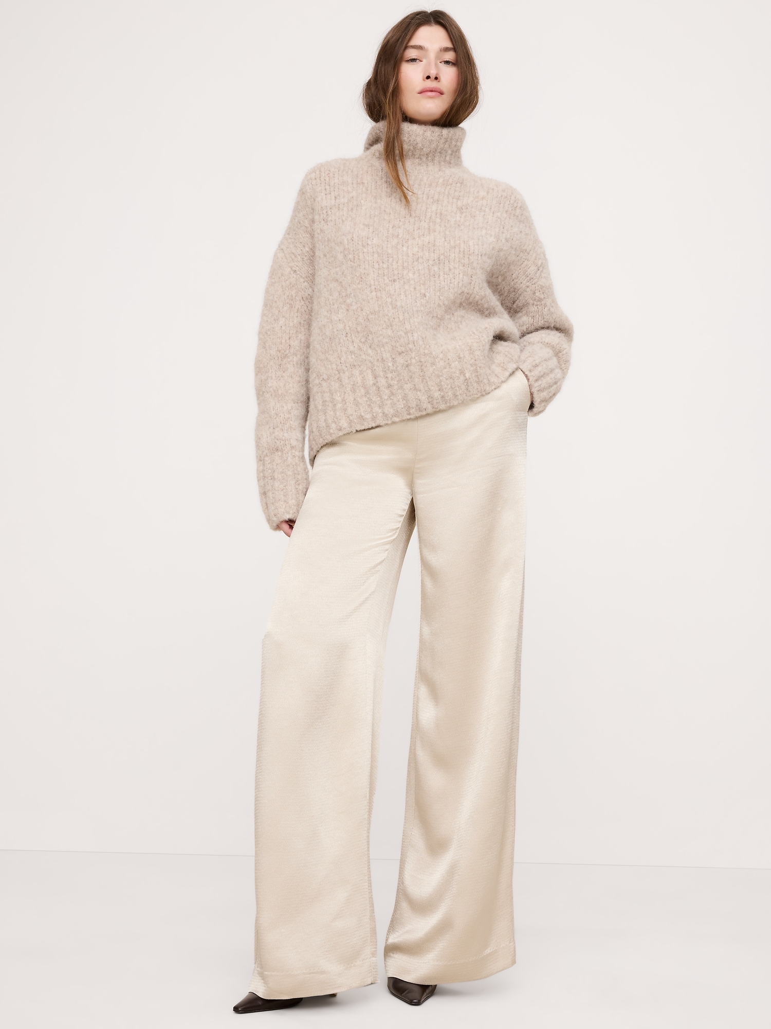 High-Rise Wide-Leg Hammered Satin Palazzo Pant - Crystal Sand