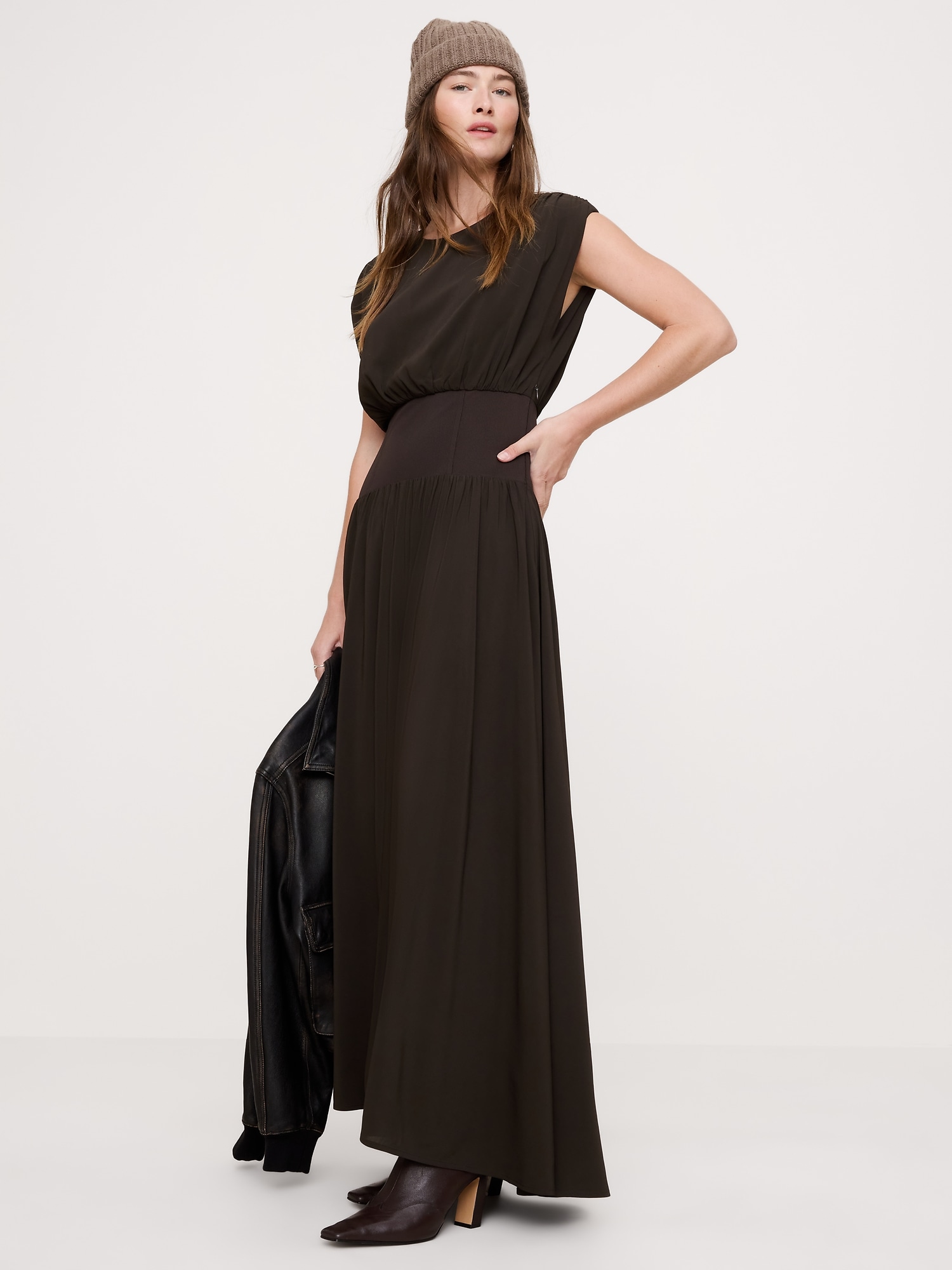 Stretch-Crepe Drop-Waist Maxi Dress - Double Chocolate Brown