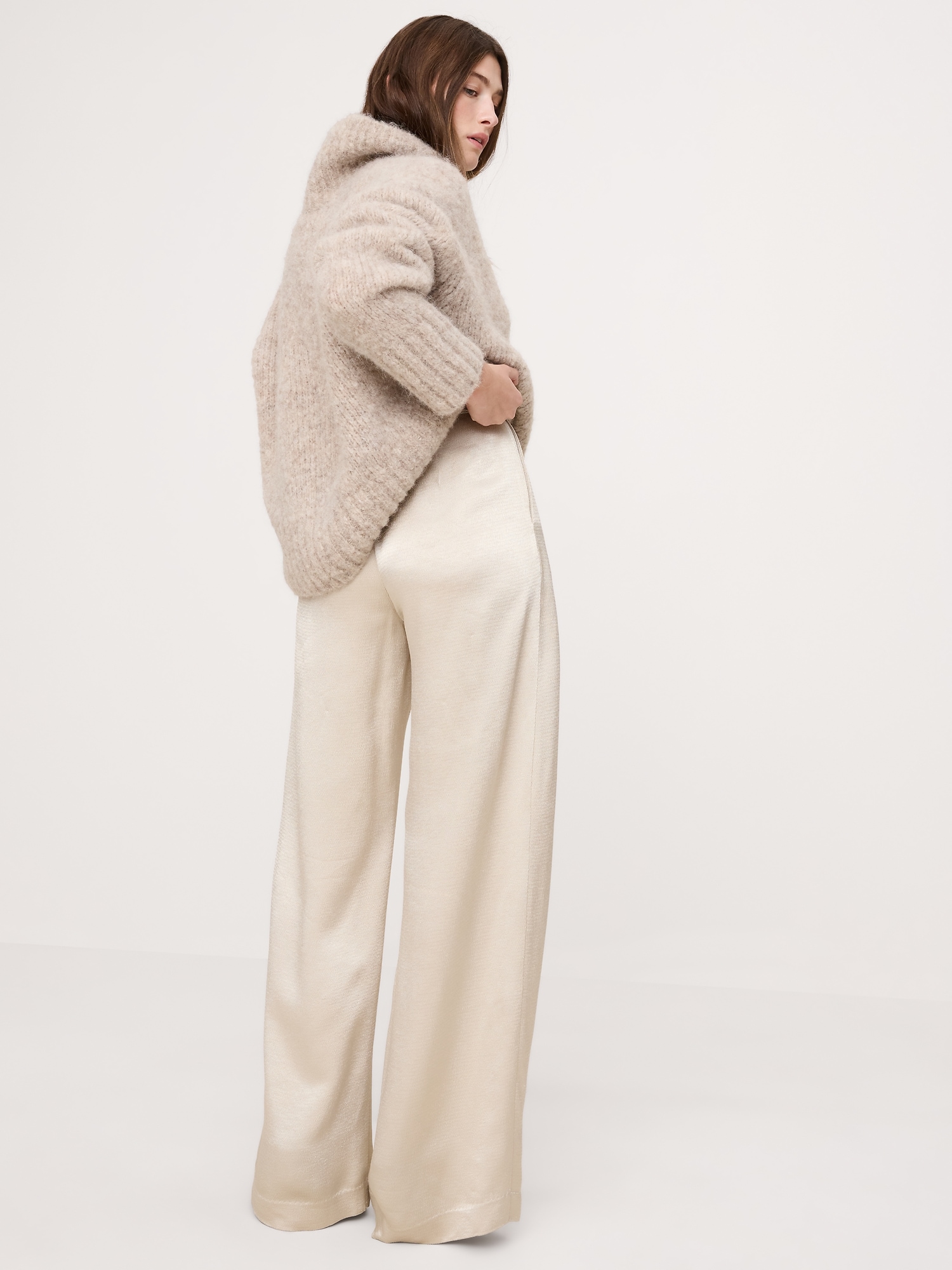Image number 6 showing, High-Rise Wide-Leg Hammered Satin Palazzo Pant