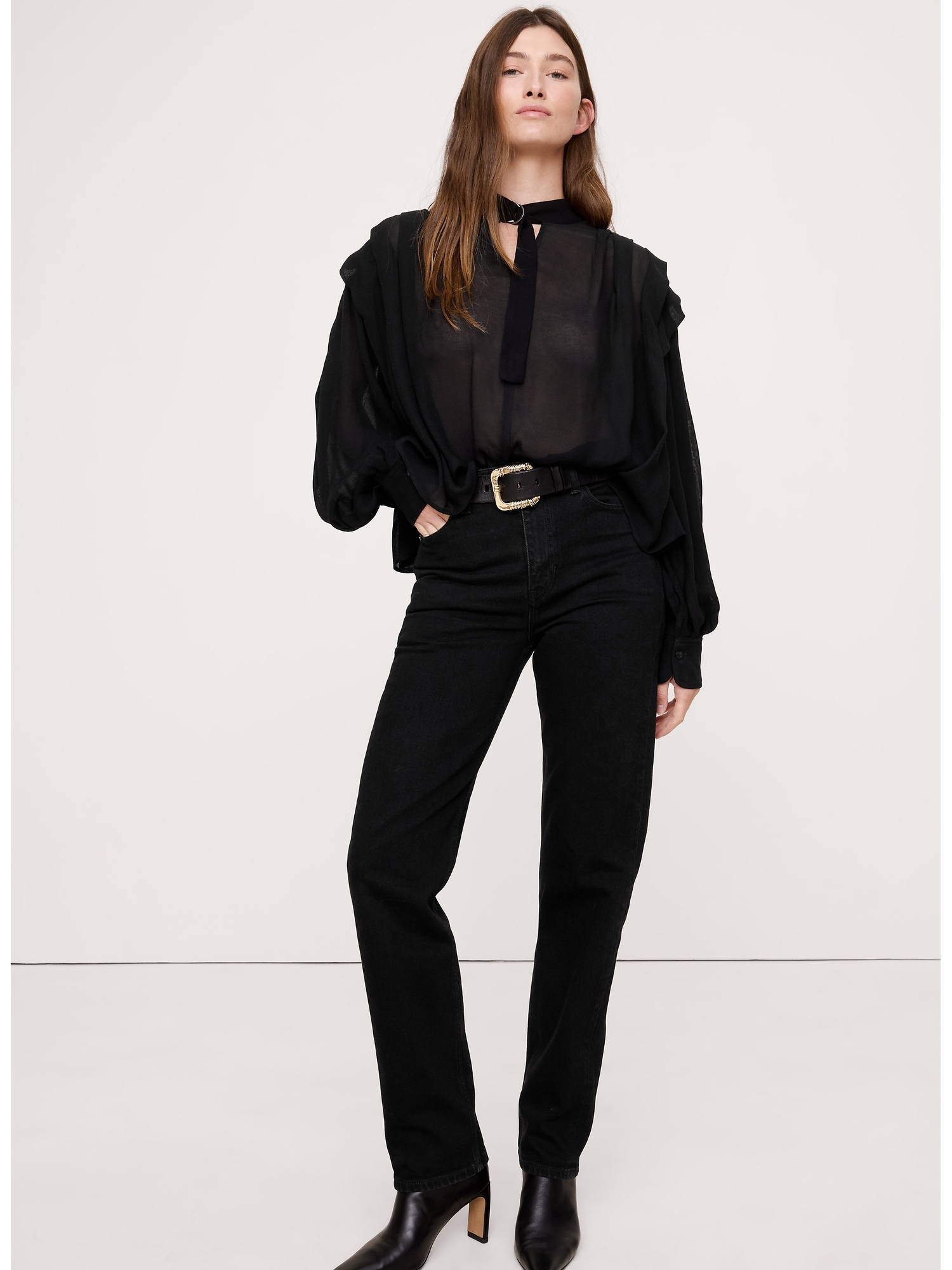 Sheer Pleat-Shoulder Top - Black