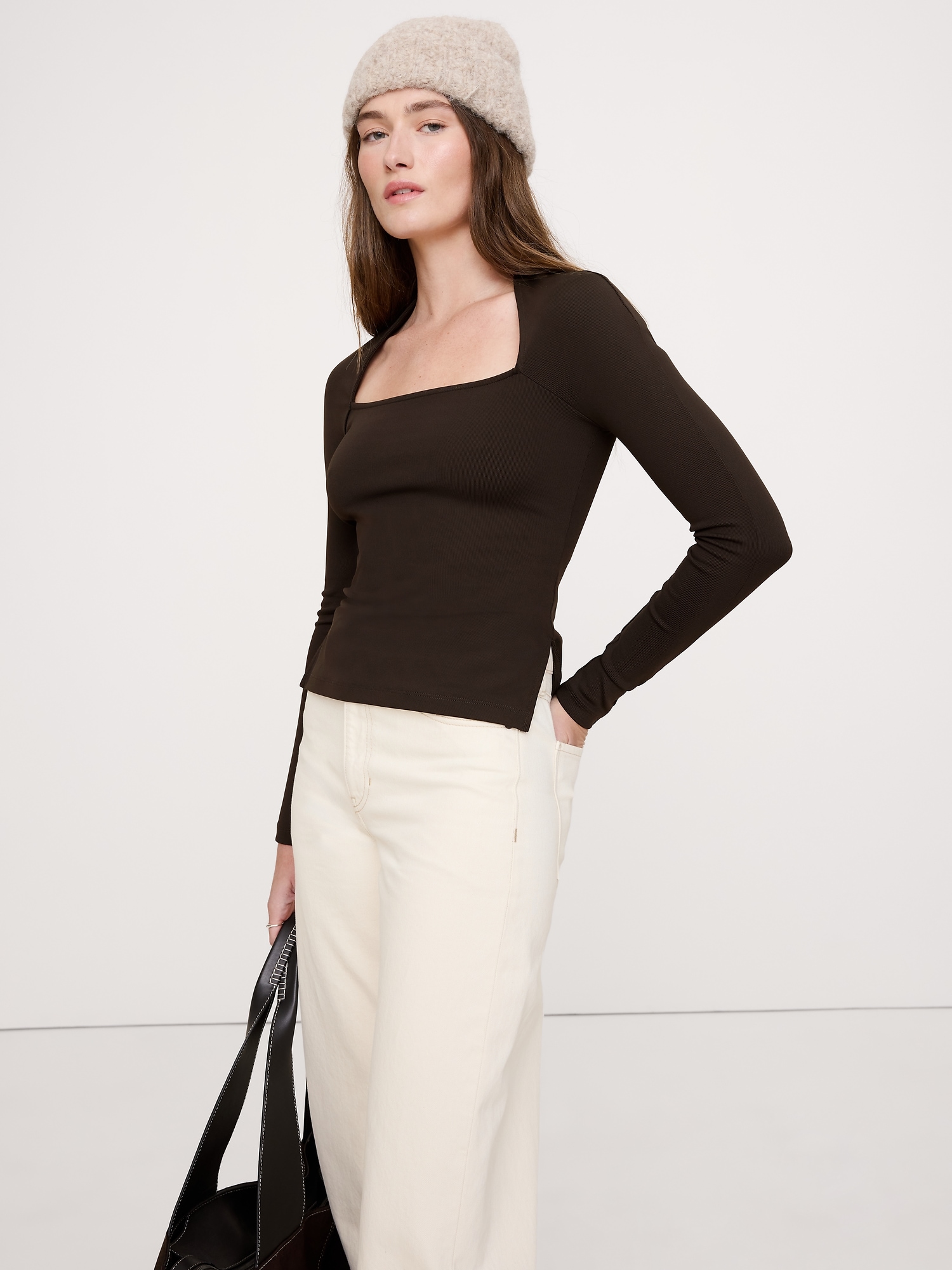 Sculpted-Stretch Square-Neck Top - Double Chocolate Brown