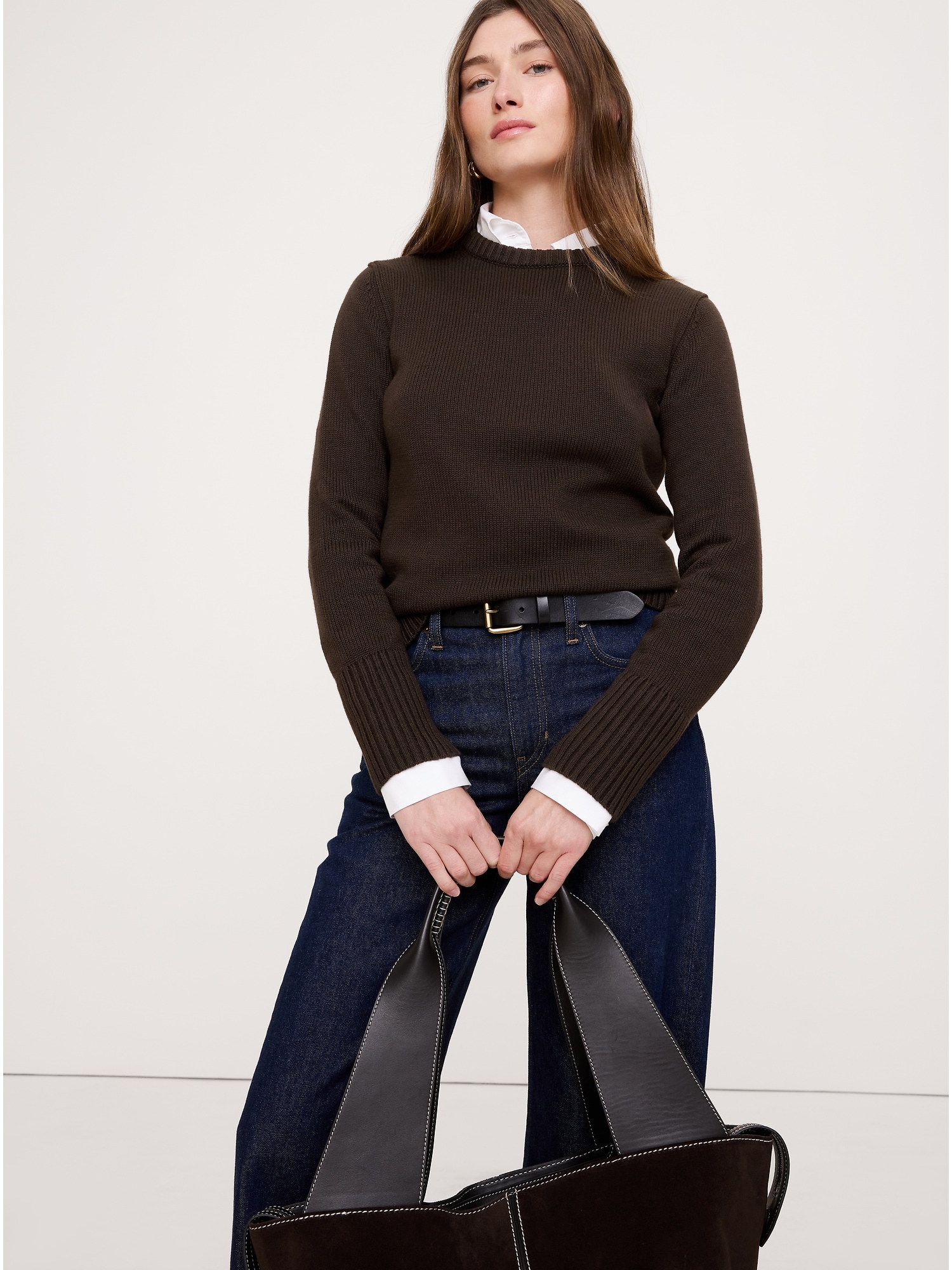 Cotton-Silk Crew-Neck Sweater - Double Chocolate Brown