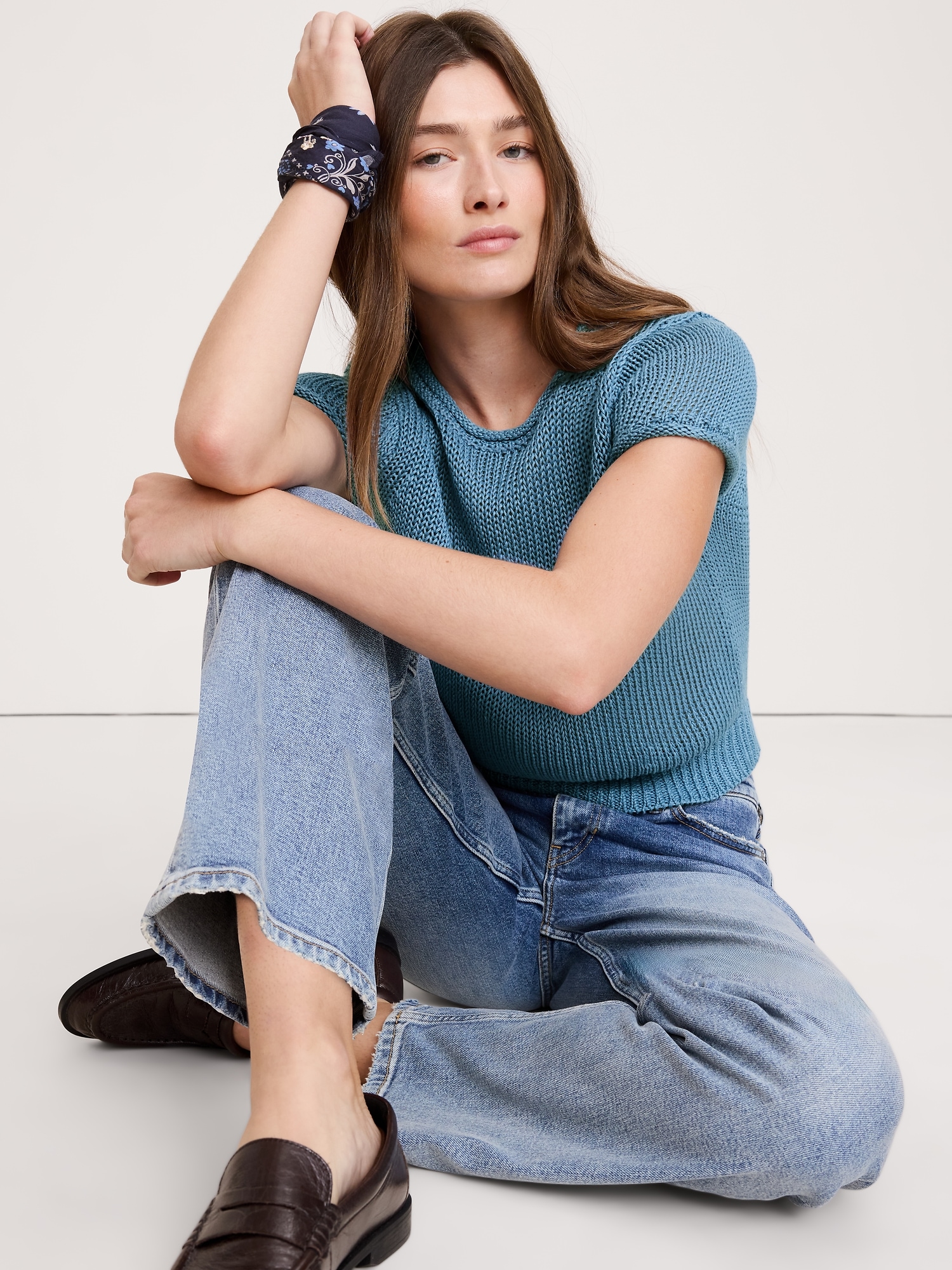 Fitted Linen Short-Sleeve Sweater - Cerulean Blue