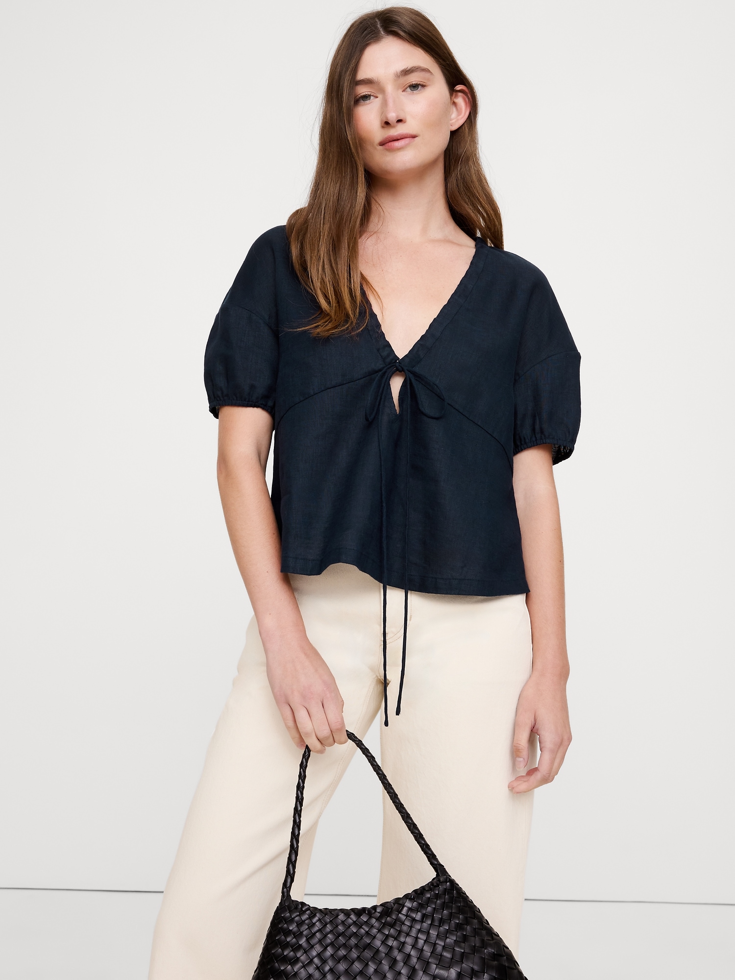 Linen Tie-Front V-Neck Top - Navy Blue