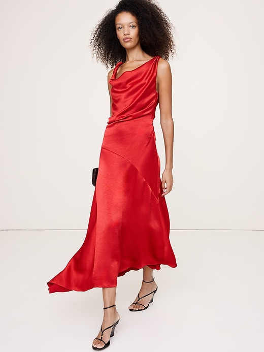 Hammered Satin Twist-Shoulder Dress