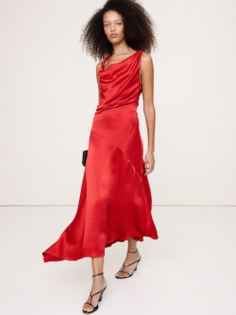 Hammered Satin Twist-Shoulder Dress