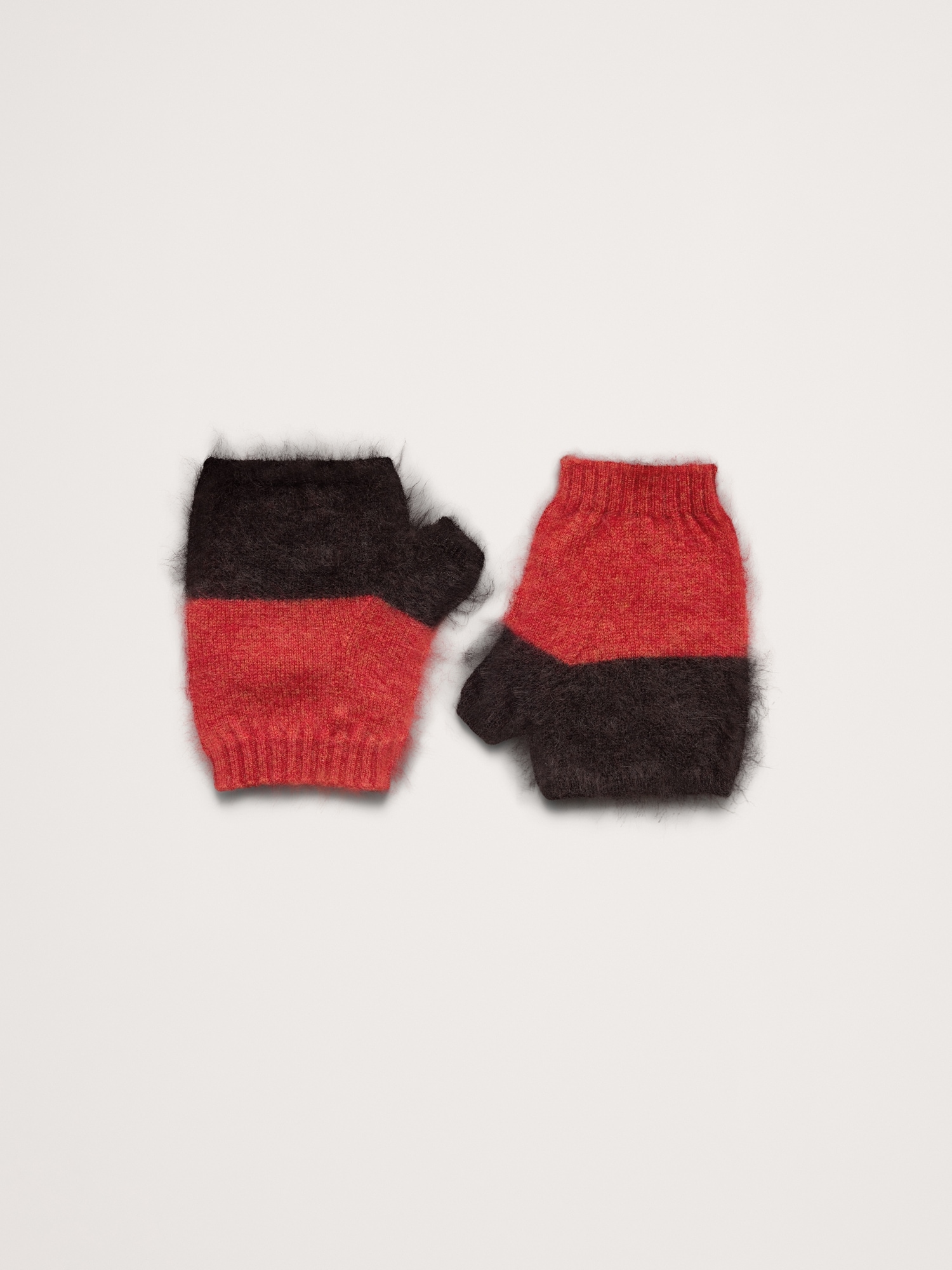 Brushed Wool-Cashmere Fingerless Gloves - Chocolate Brown & Red Holly