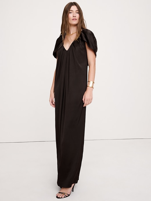 Stretch-Satin Cape Maxi Dress