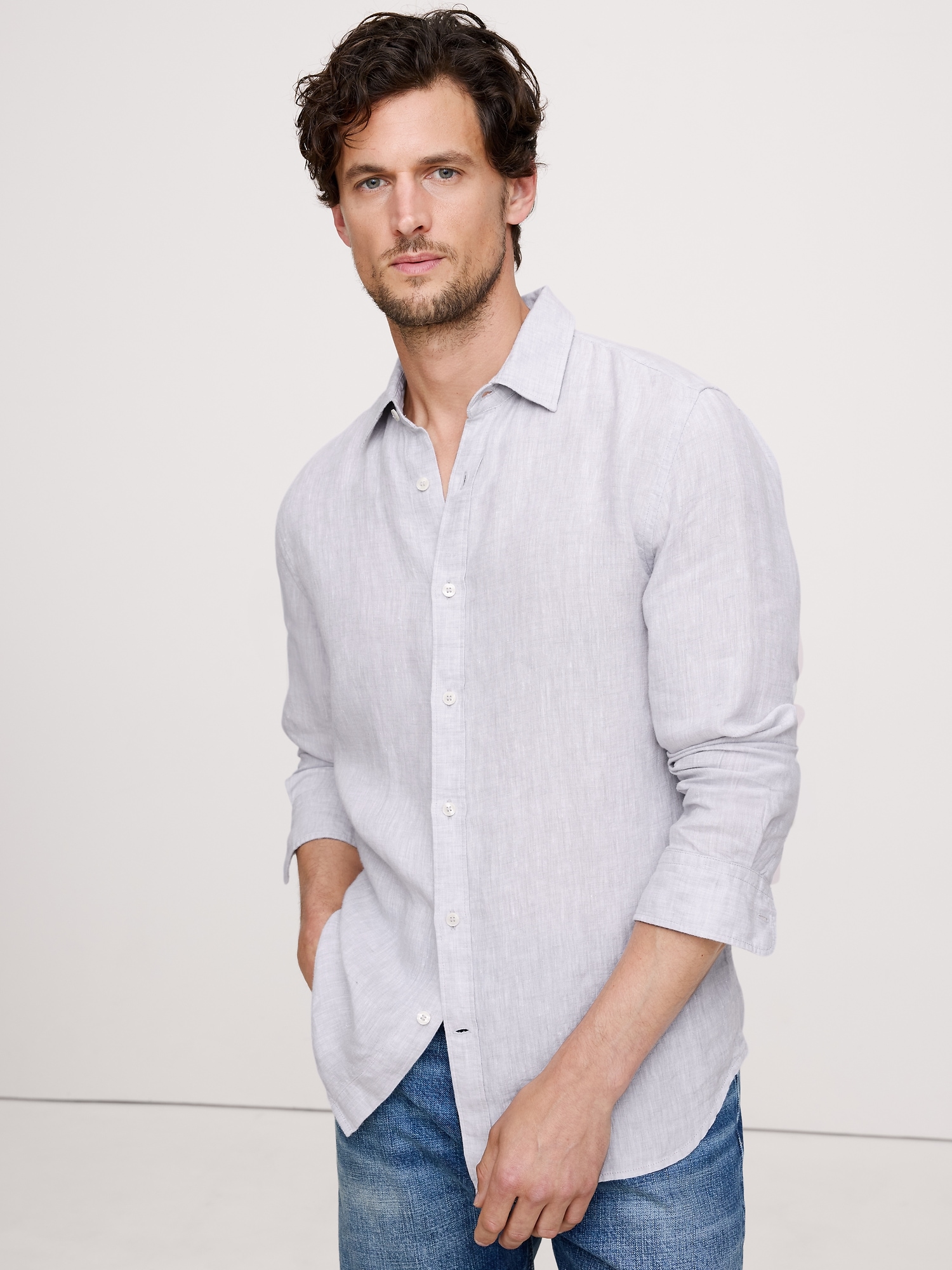 Slim-Fit Linen Shirt - Light Gray