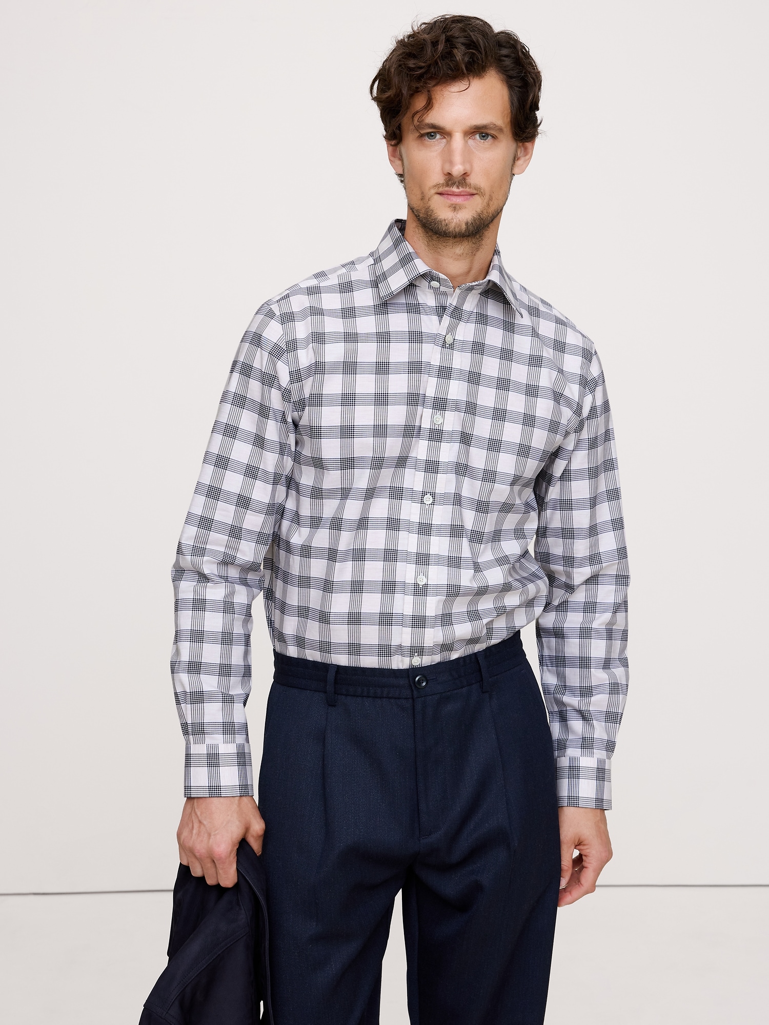 Standard-Fit Wrinkle-Resistant Dress Shirt - Large Navy Blue Plaid