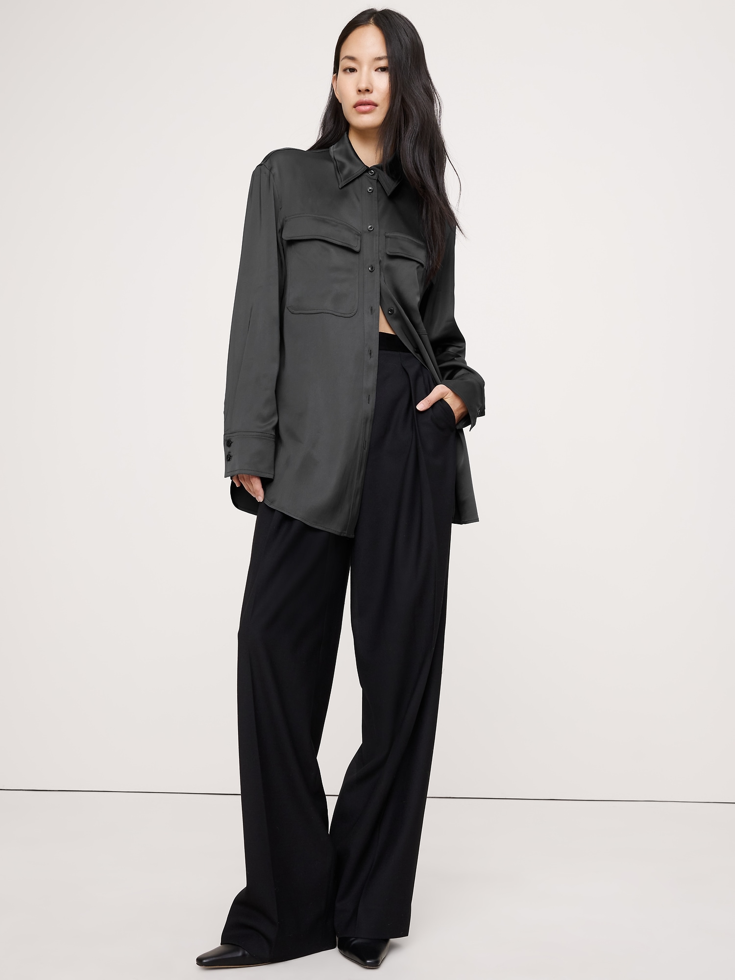Stretch-Satin Utility Shirt - Coal Black