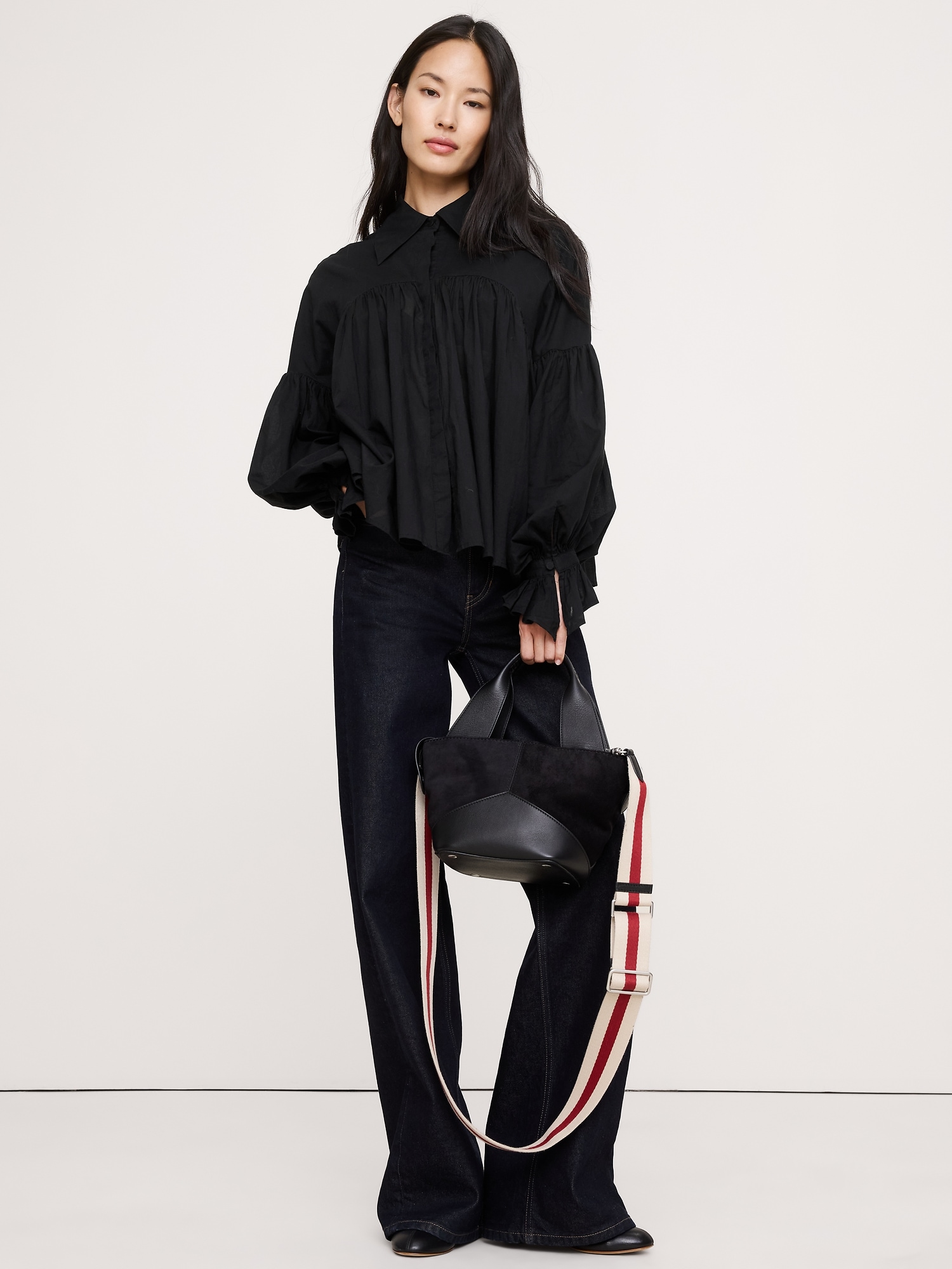 Cotton Balloon-Sleeve Shirt - Black