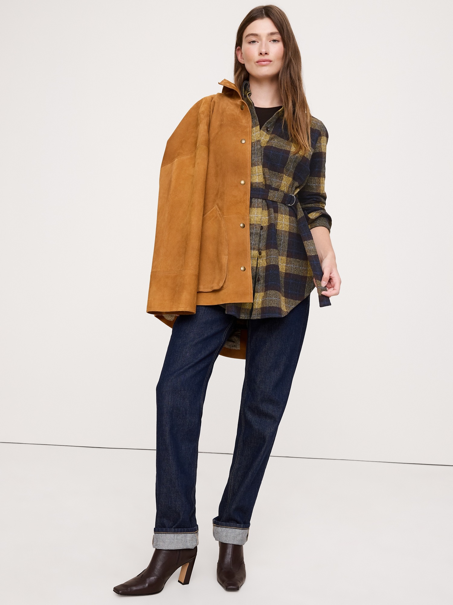 Женская рубашка Banana Republic Flannel Belted Tunic, цвет: Синий клетчатый — фото 3