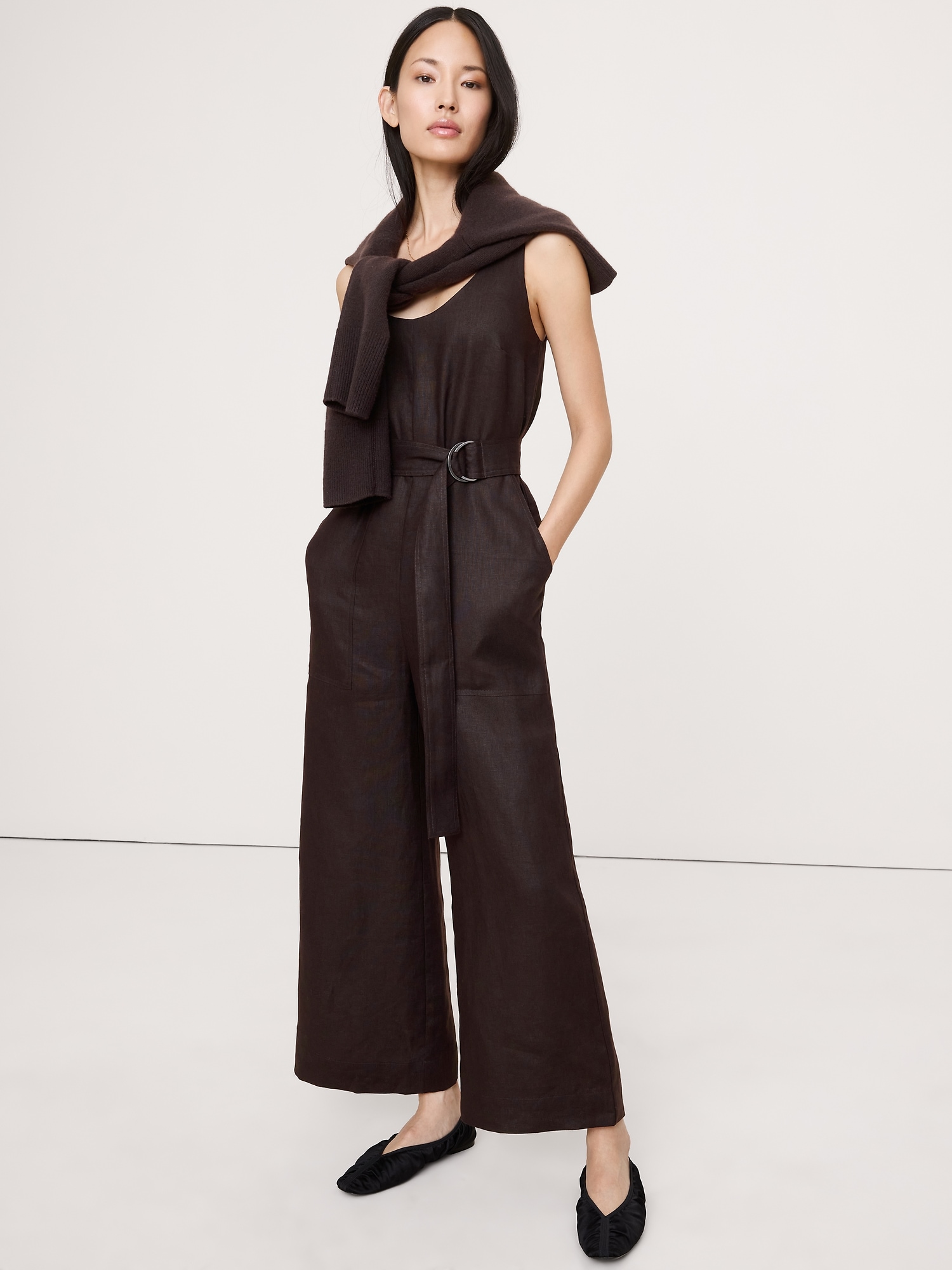 Linen Belted Wide-Leg Jumpsuit - Ganache Brown